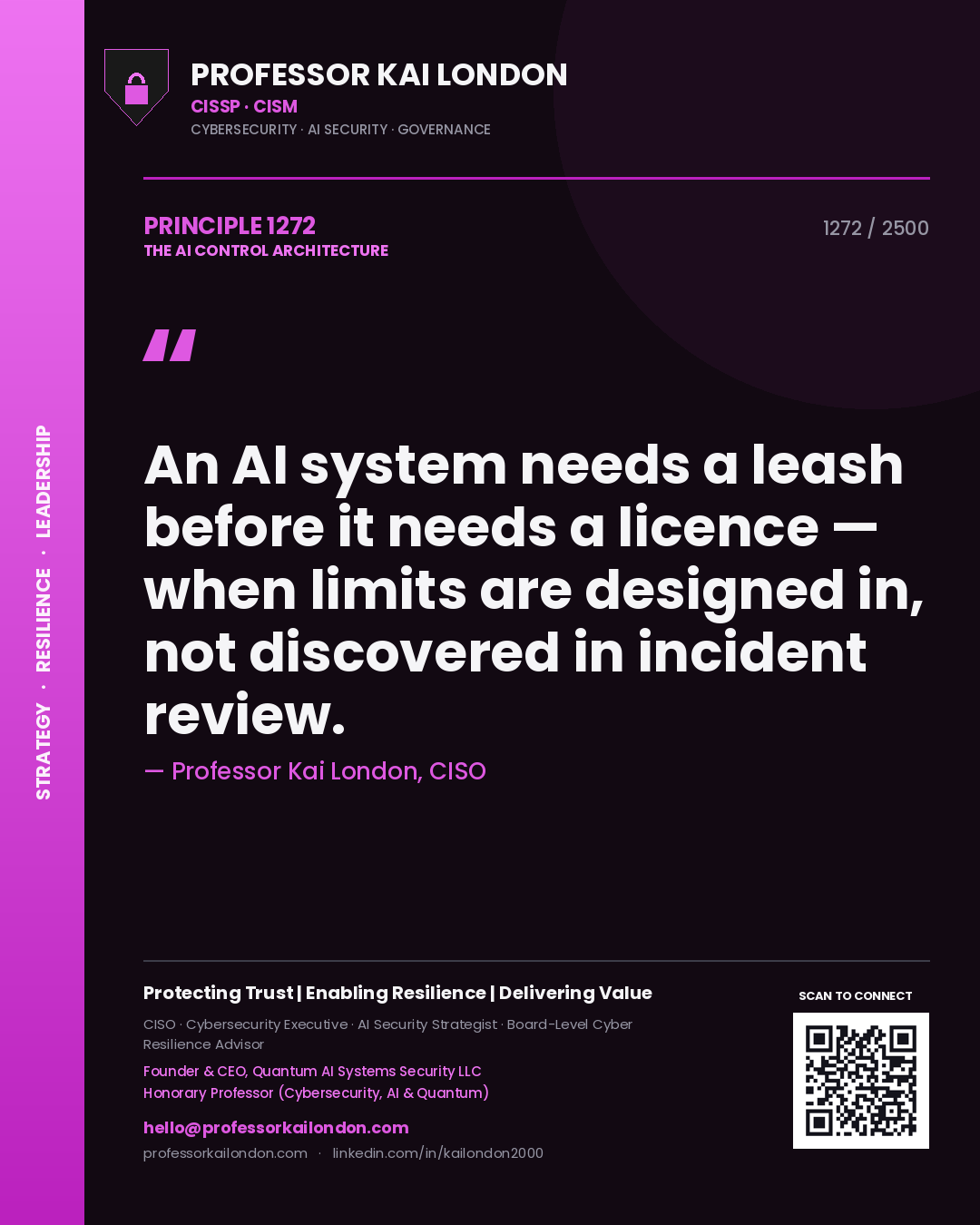 Quote card by Professor Kai London reading 'An AI system needs a leash before it needs a licence — when limits are designed in, not discovered in incident review.'. From the book The AI Control Architecture.