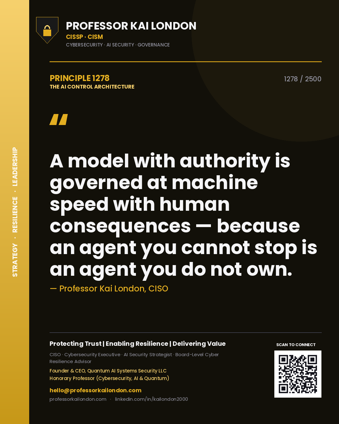 Quote card by Professor Kai London reading 'A model with authority is governed at machine speed with human consequences — because an agent you cannot stop is an agent you do not own.'. From the book The AI Control Architecture.