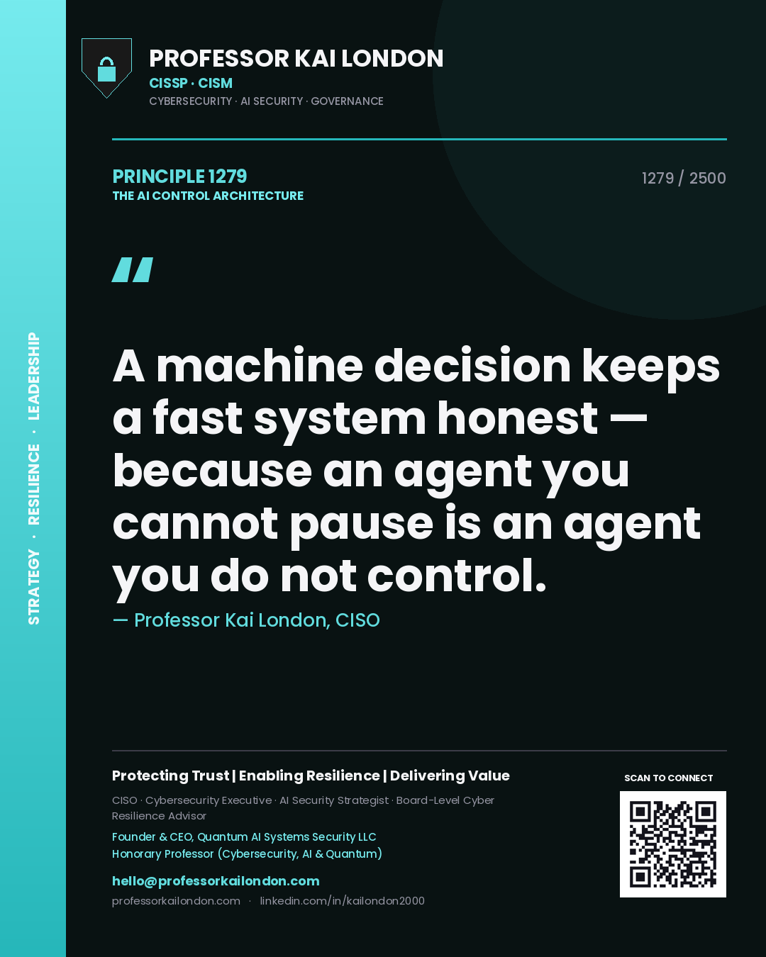 Quote card by Professor Kai London reading 'A machine decision keeps a fast system honest — because an agent you cannot pause is an agent you do not control.'. From the book The AI Control Architecture.