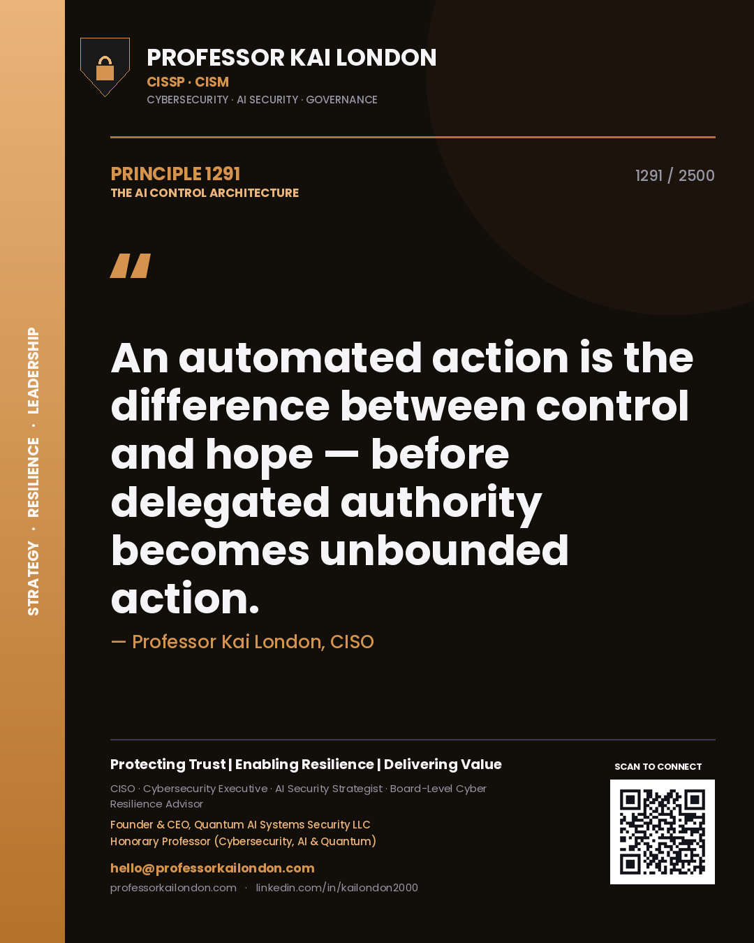 Quote card by Professor Kai London reading 'An automated action is the difference between control and hope — before delegated authority becomes unbounded action.'. From the book The AI Control Architecture.