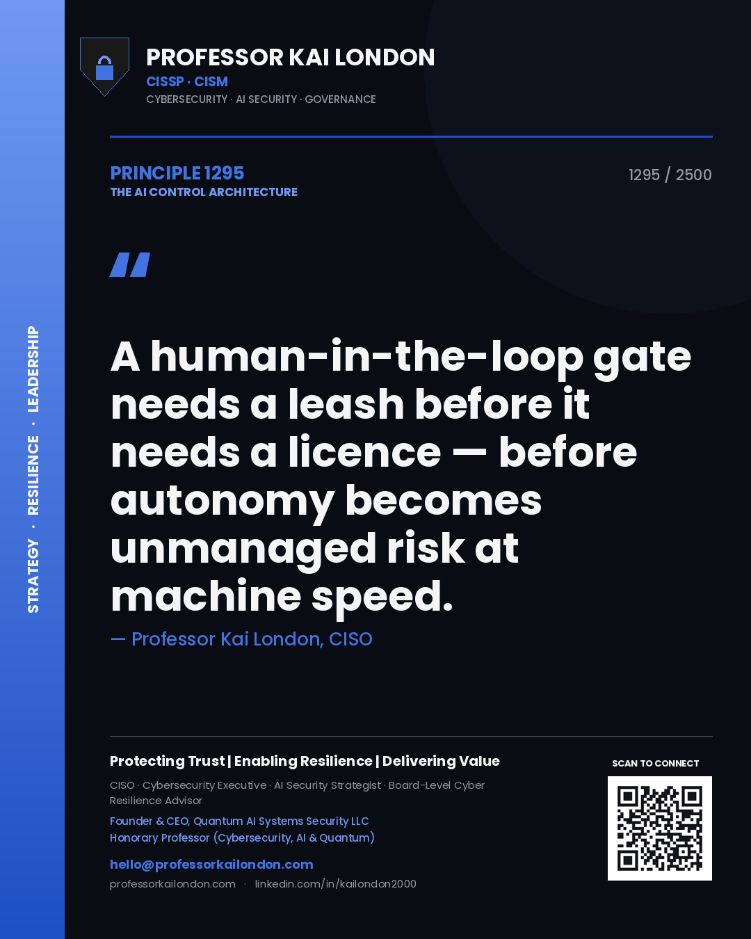 Quote card by Professor Kai London reading 'A human-in-the-loop gate needs a leash before it needs a licence — before autonomy becomes unmanaged risk at machine speed.'. From the book The AI Control Architecture.