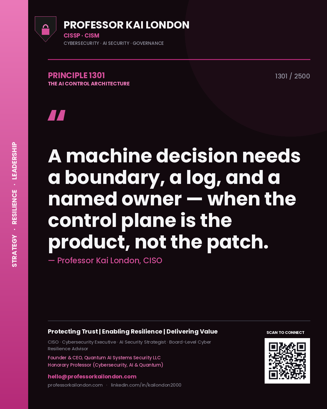 Quote card by Professor Kai London reading 'A machine decision needs a boundary, a log, and a named owner — when the control plane is the product, not the patch.'. From the book The AI Control Architecture.
