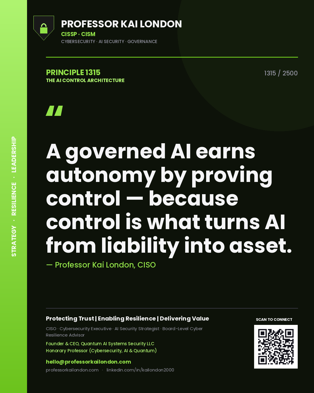 Quote card by Professor Kai London reading 'A governed AI earns autonomy by proving control — because control is what turns AI from liability into asset.'. From the book The AI Control Architecture.