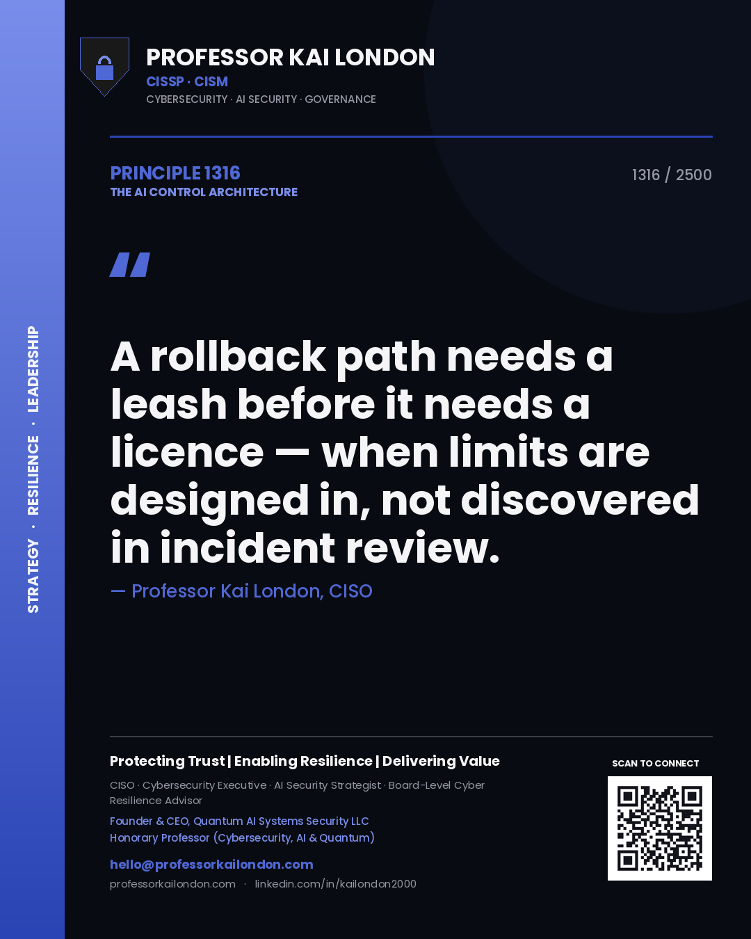 Quote card by Professor Kai London reading 'A rollback path needs a leash before it needs a licence — when limits are designed in, not discovered in incident review.'. From the book The AI Control Architecture.