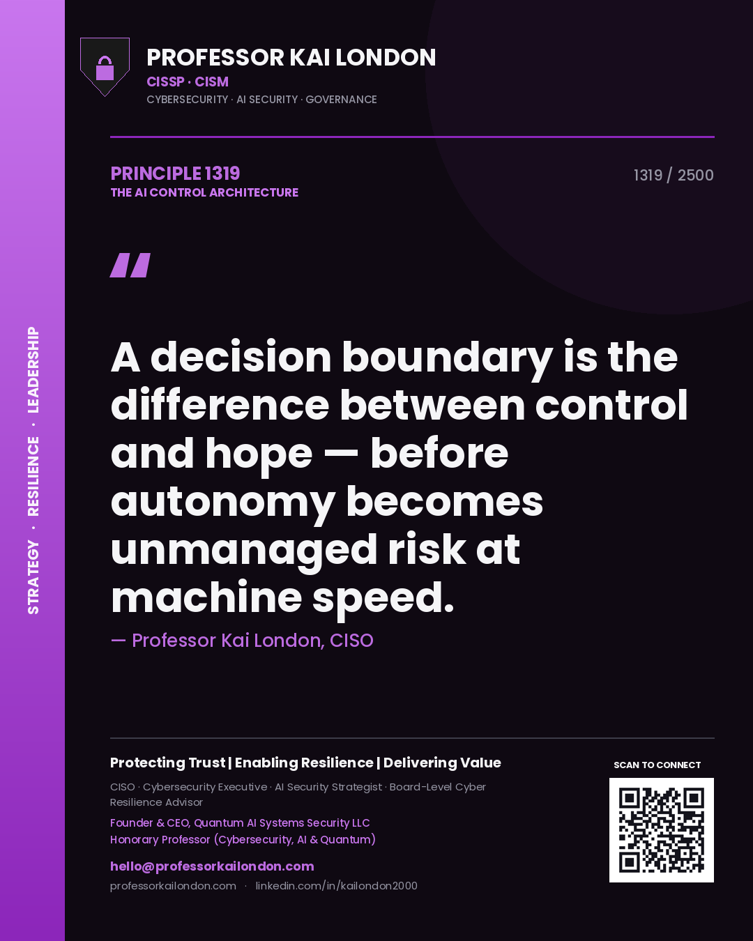 Quote card by Professor Kai London reading 'A decision boundary is the difference between control and hope — before autonomy becomes unmanaged risk at machine speed.'. From the book The AI Control Architecture.