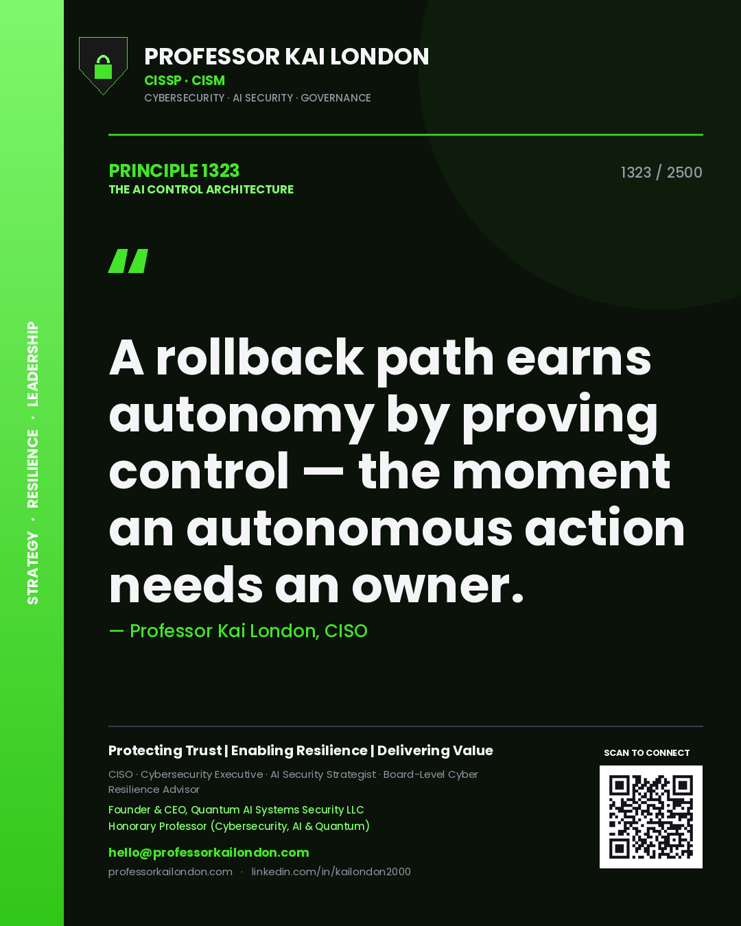 Quote card by Professor Kai London reading 'A rollback path earns autonomy by proving control — the moment an autonomous action needs an owner.'. From the book The AI Control Architecture.