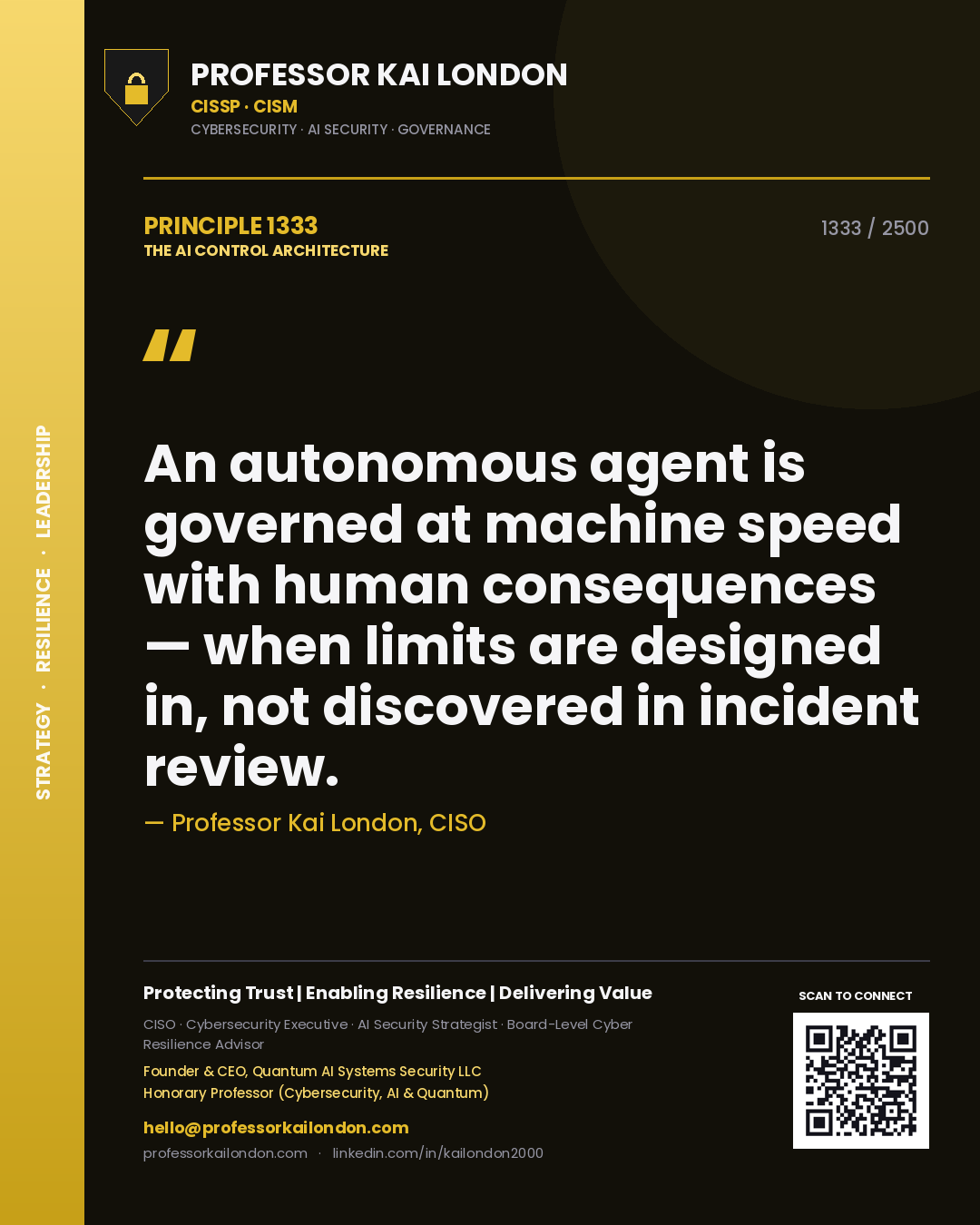 Quote card by Professor Kai London reading 'An autonomous agent is governed at machine speed with human consequences — when limits are designed in, not discovered in incident review.'. From the book The AI Control Architecture.