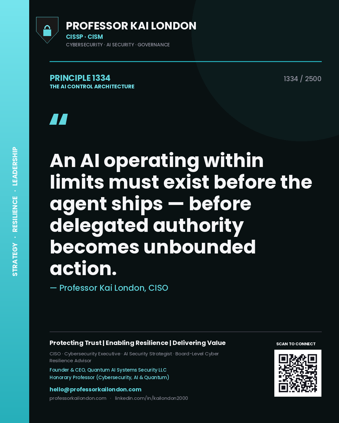 Quote card by Professor Kai London reading 'An AI operating within limits must exist before the agent ships — before delegated authority becomes unbounded action.'. From the book The AI Control Architecture.