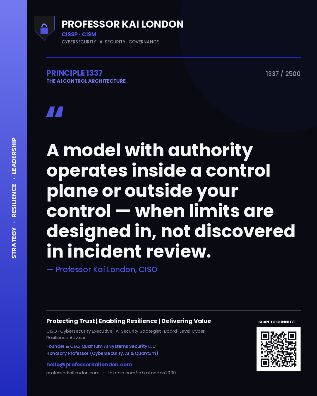 Quote card by Professor Kai London reading 'A model with authority operates inside a control plane or outside your control — when limits are designed in, not discovered in incident review.'. From the book The AI Control Architecture.