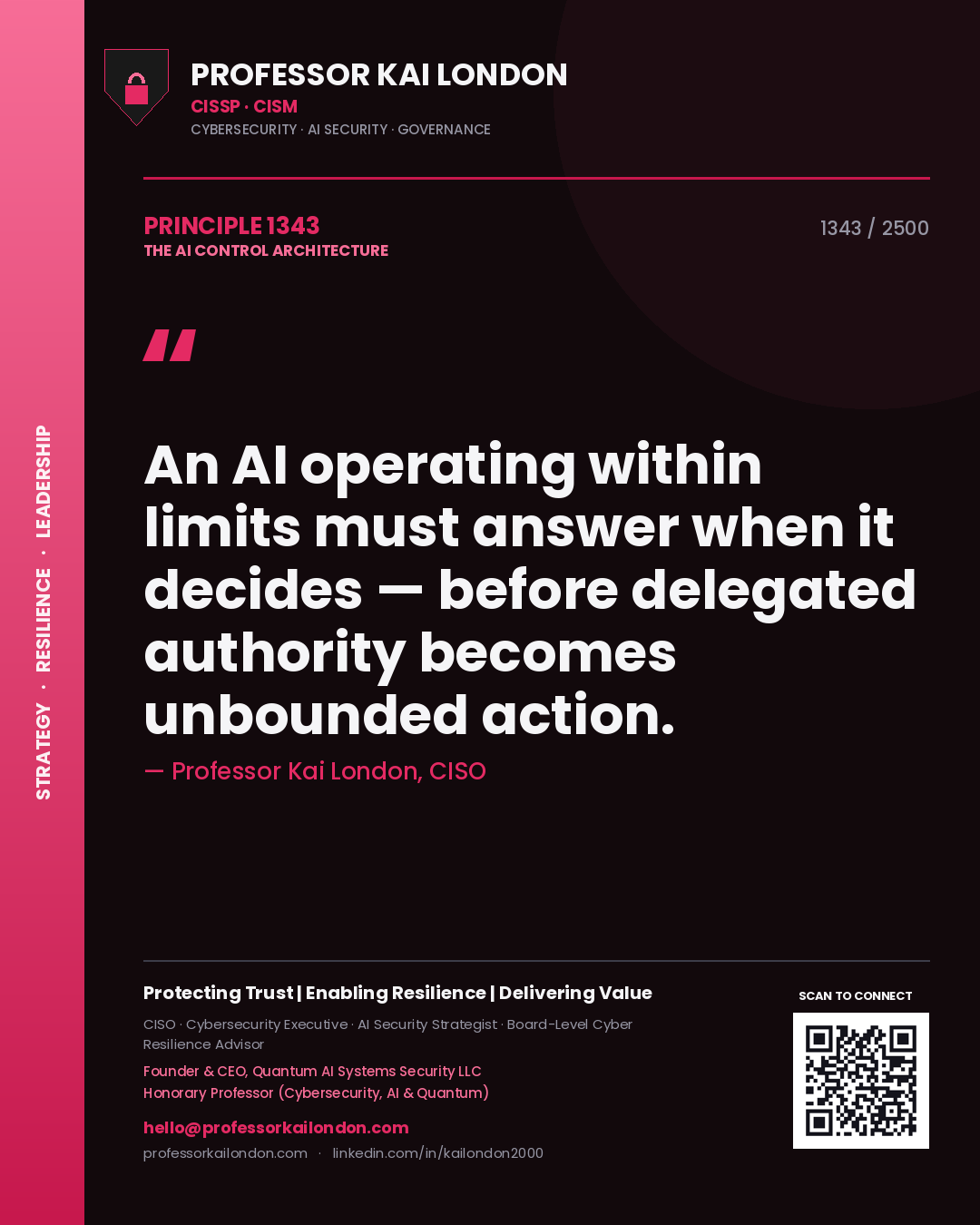 Quote card by Professor Kai London reading 'An AI operating within limits must answer when it decides — before delegated authority becomes unbounded action.'. From the book The AI Control Architecture.