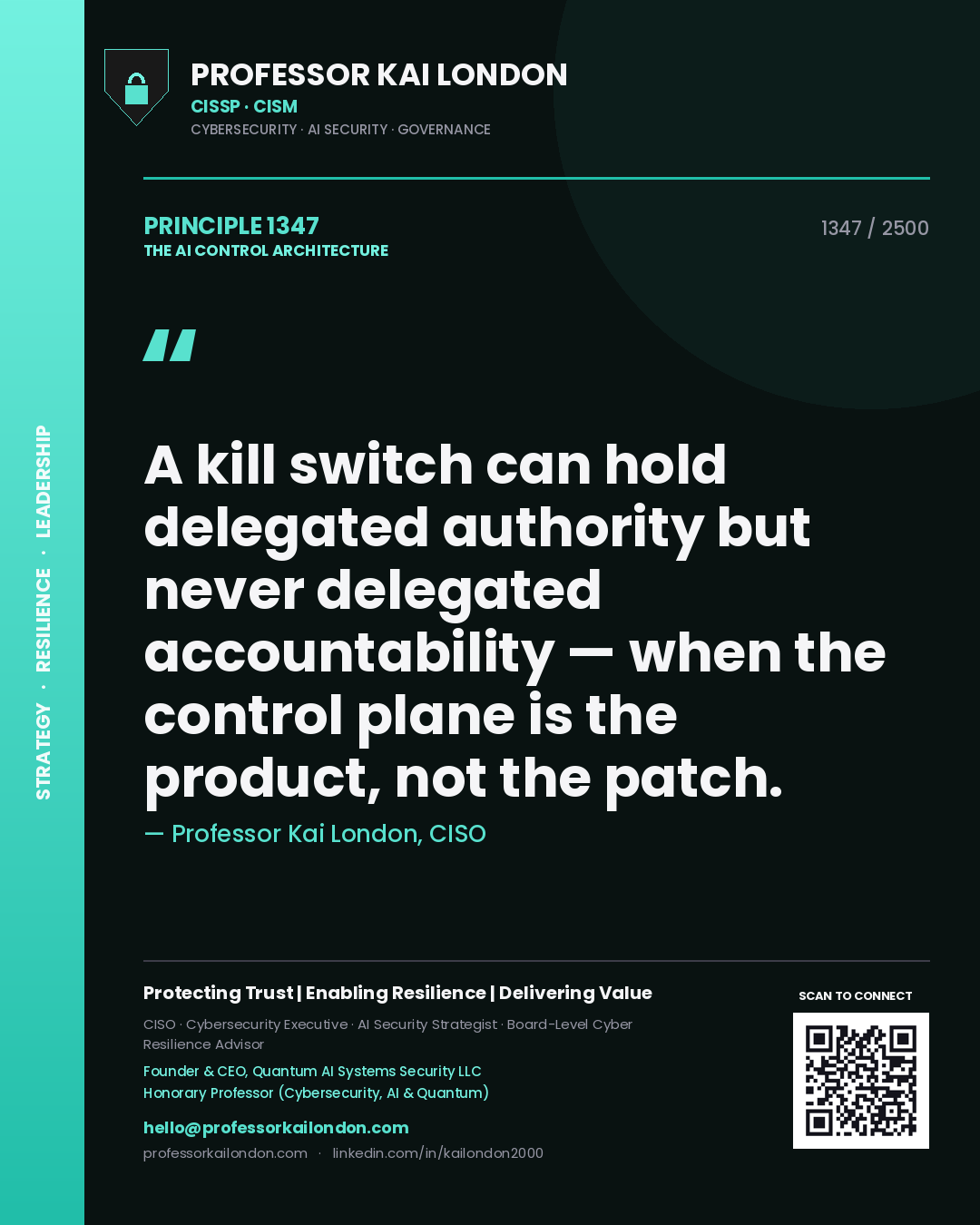Quote card by Professor Kai London reading 'A kill switch can hold delegated authority but never delegated accountability — when the control plane is the product, not the patch.'. From the book The AI Control Architecture.