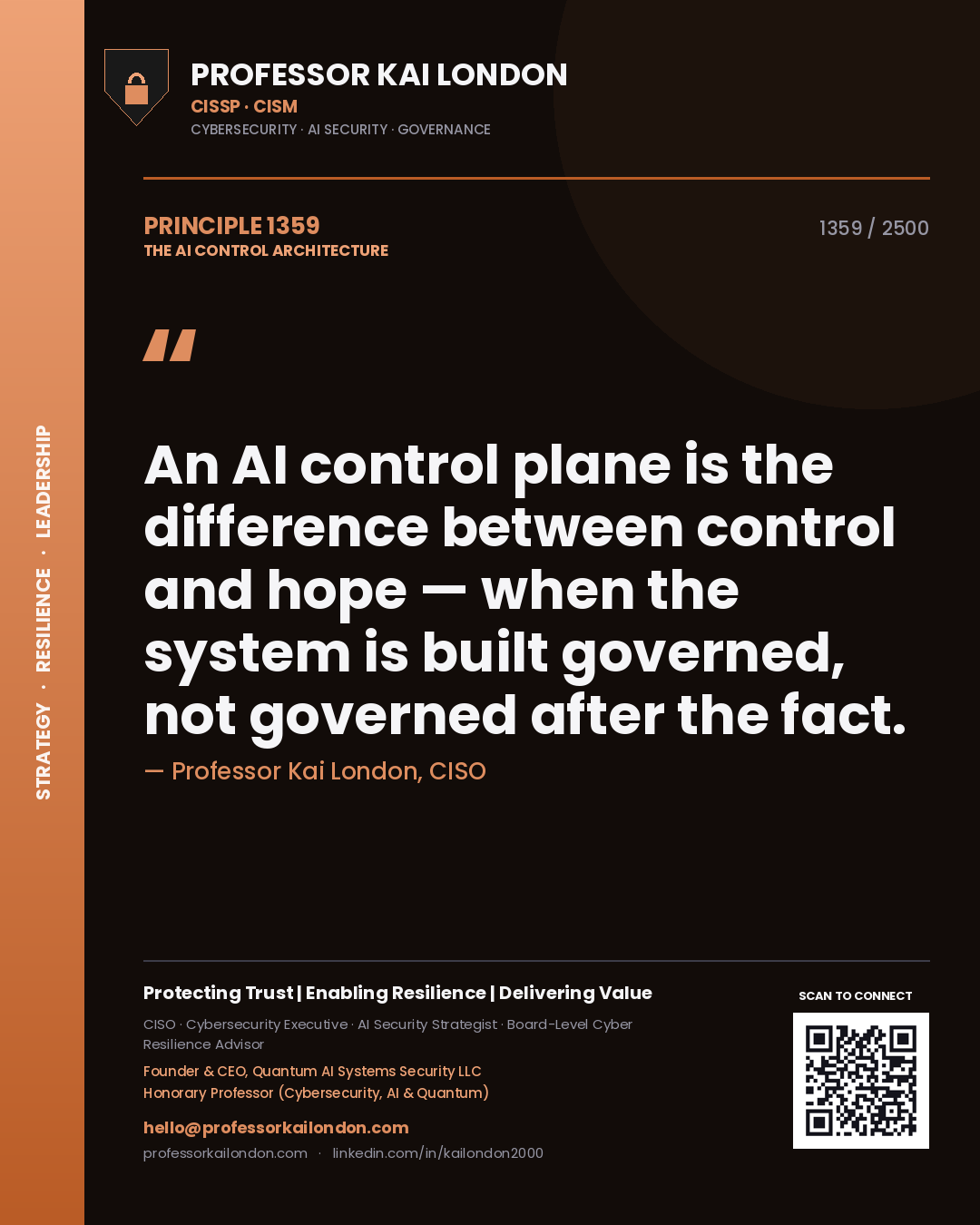Quote card by Professor Kai London reading 'An AI control plane is the difference between control and hope — when the system is built governed, not governed after the fact.'. From the book The AI Control Architecture.