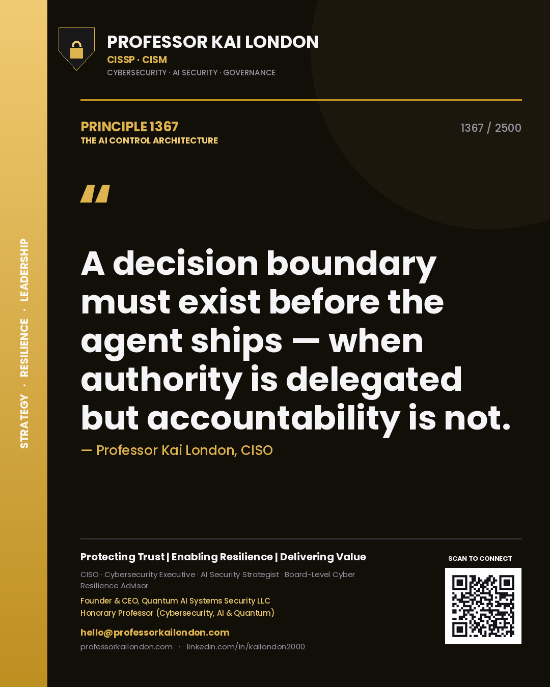 Quote card by Professor Kai London reading 'A decision boundary must exist before the agent ships — when authority is delegated but accountability is not.'. From the book The AI Control Architecture.
