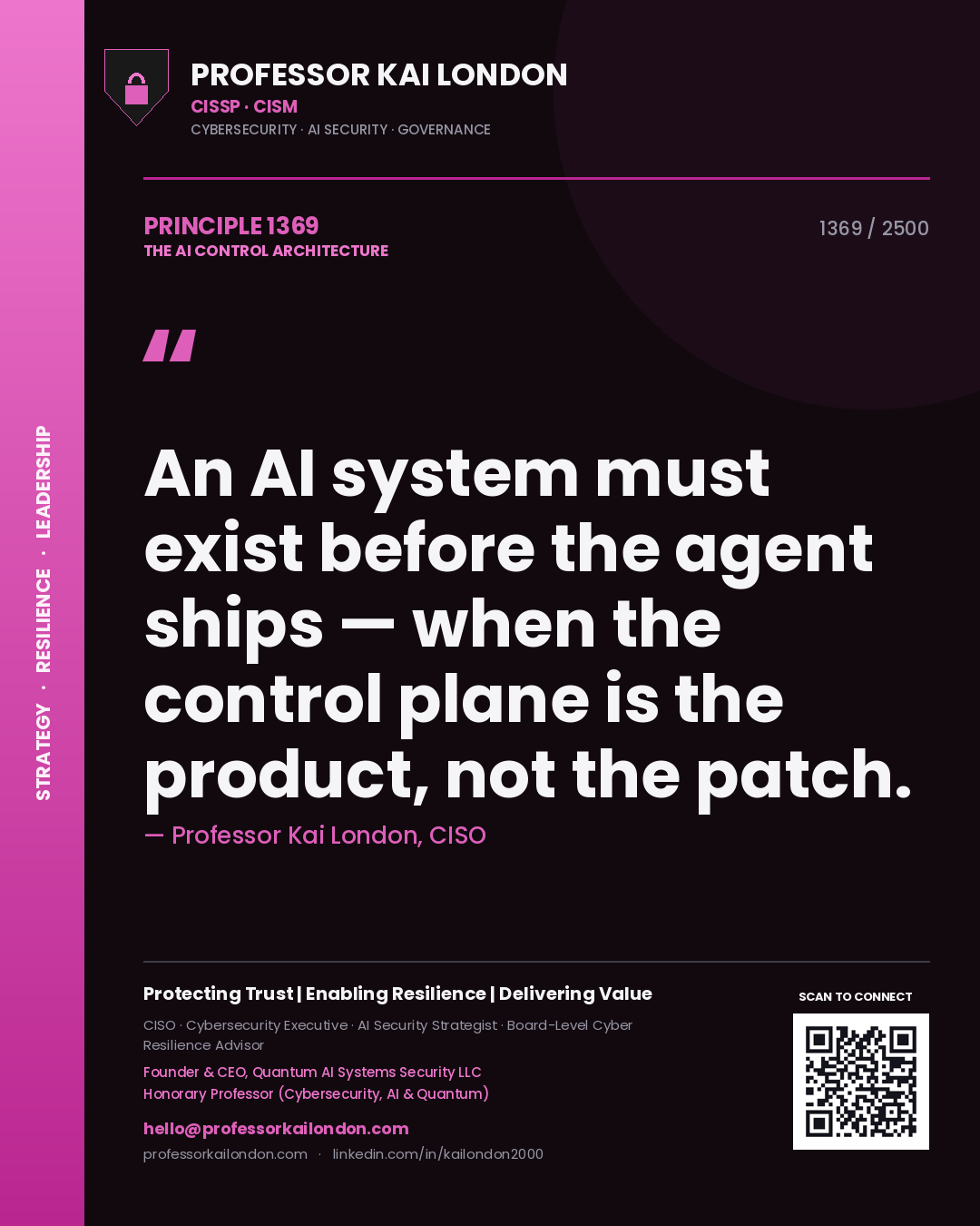 Quote card by Professor Kai London reading 'An AI system must exist before the agent ships — when the control plane is the product, not the patch.'. From the book The AI Control Architecture.