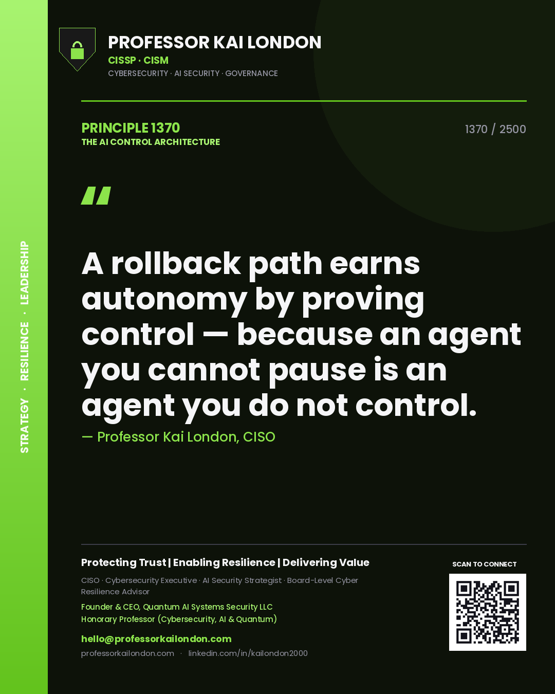 Quote card by Professor Kai London reading 'A rollback path earns autonomy by proving control — because an agent you cannot pause is an agent you do not control.'. From the book The AI Control Architecture.