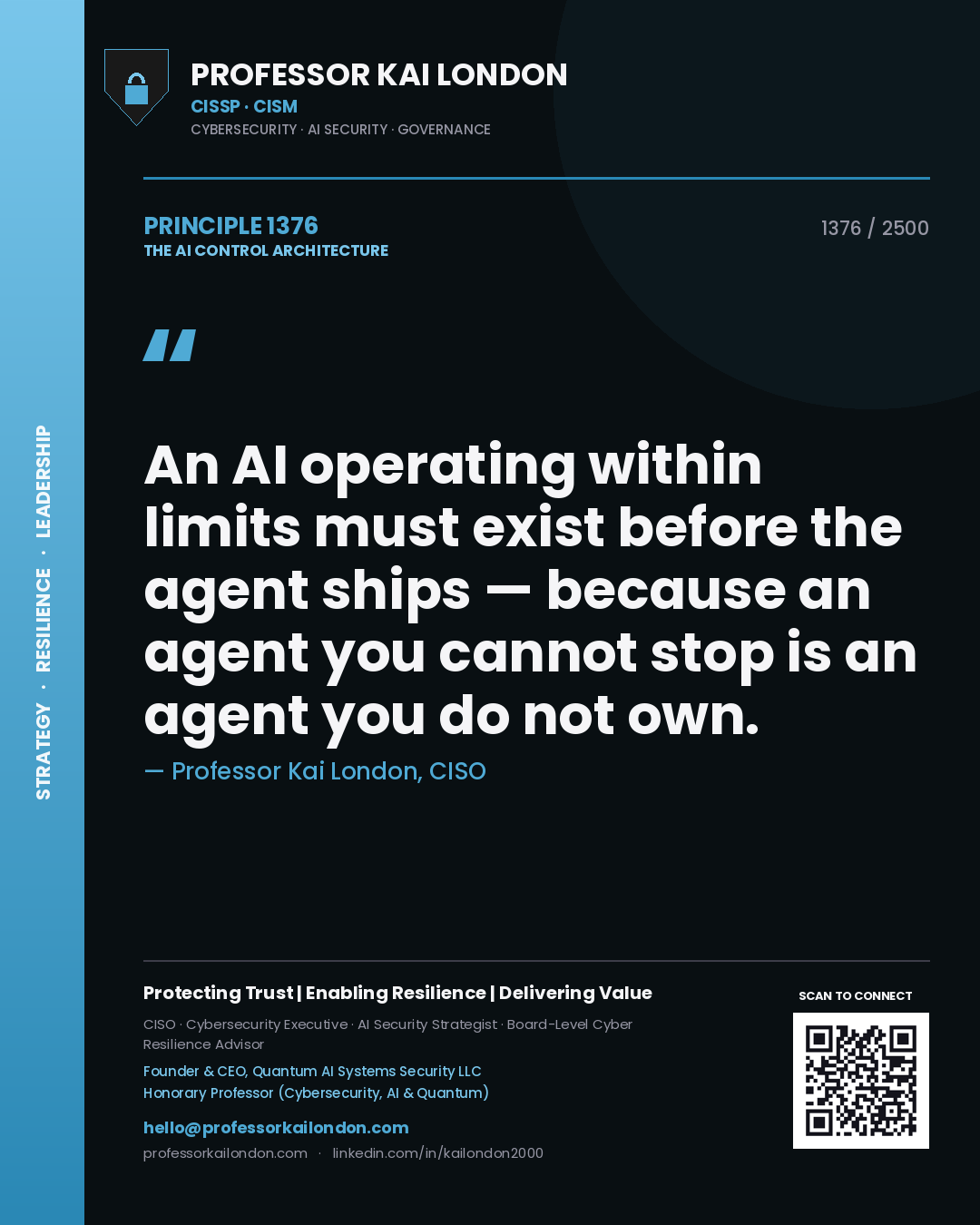 Quote card by Professor Kai London reading 'An AI operating within limits must exist before the agent ships — because an agent you cannot stop is an agent you do not own.'. From the book The AI Control Architecture.