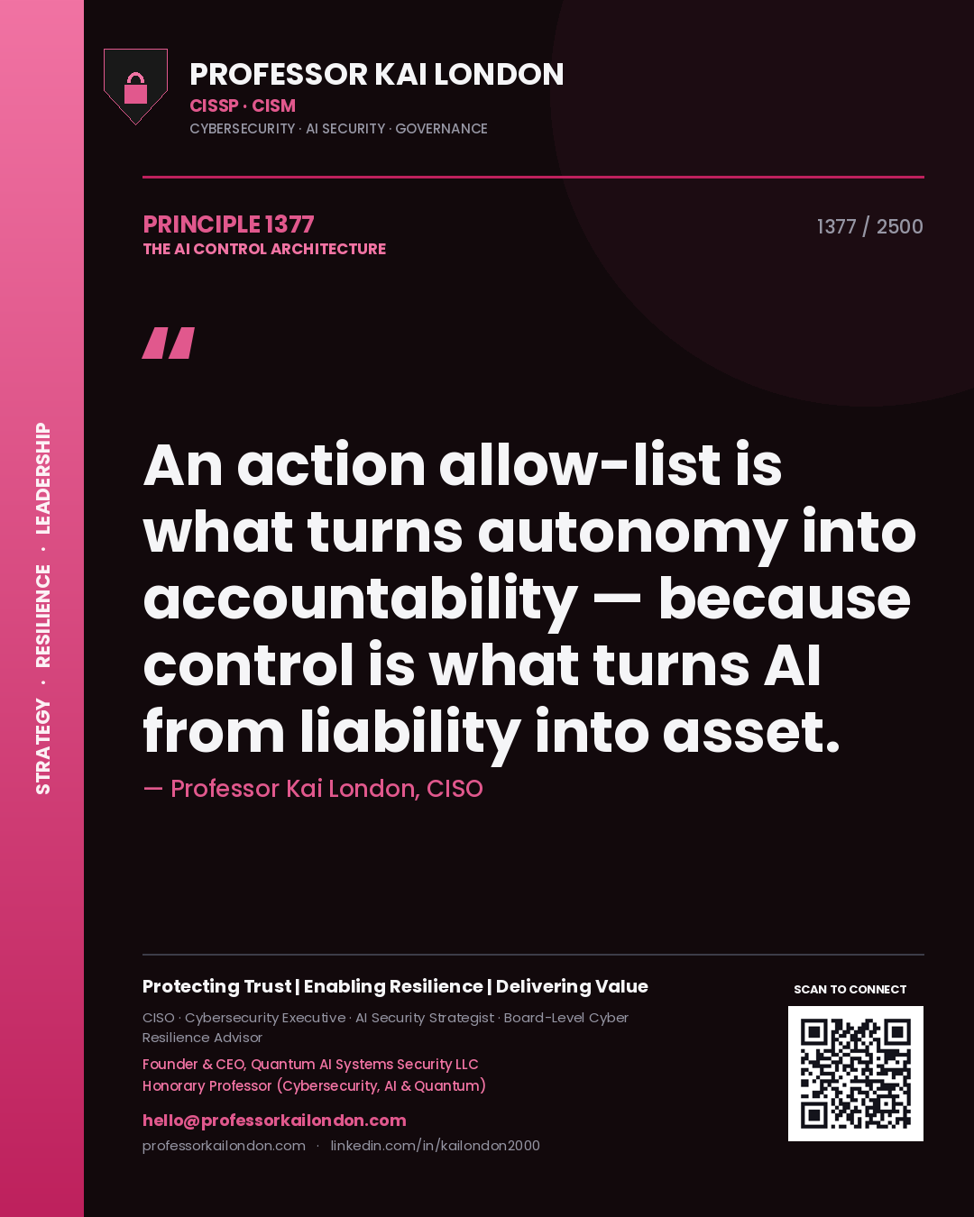 Quote card by Professor Kai London reading 'An action allow-list is what turns autonomy into accountability — because control is what turns AI from liability into asset.'. From the book The AI Control Architecture.