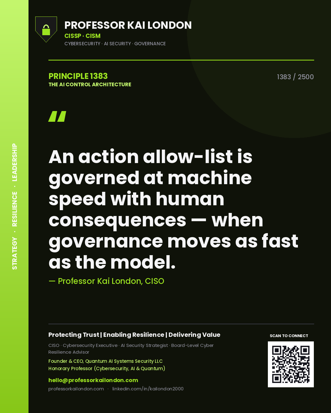 Quote card by Professor Kai London reading 'An action allow-list is governed at machine speed with human consequences — when governance moves as fast as the model.'. From the book The AI Control Architecture.
