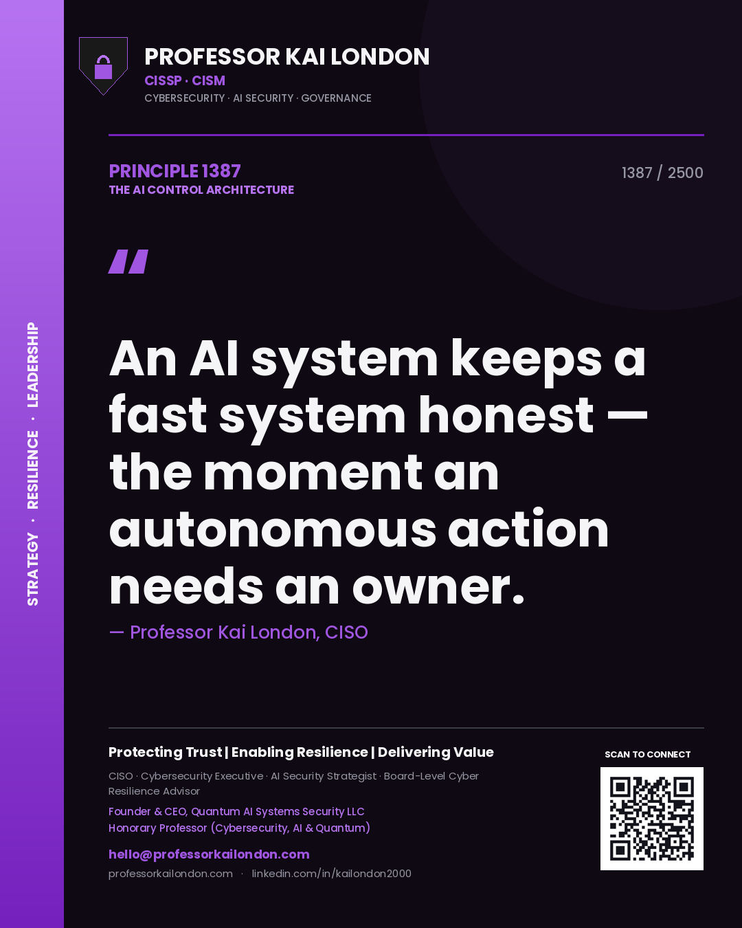Quote card by Professor Kai London reading 'An AI system keeps a fast system honest — the moment an autonomous action needs an owner.'. From the book The AI Control Architecture.