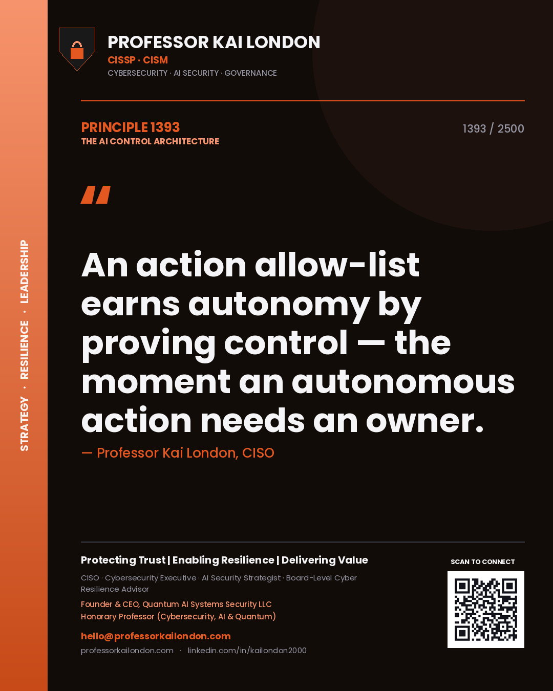 Quote card by Professor Kai London reading 'An action allow-list earns autonomy by proving control — the moment an autonomous action needs an owner.'. From the book The AI Control Architecture.