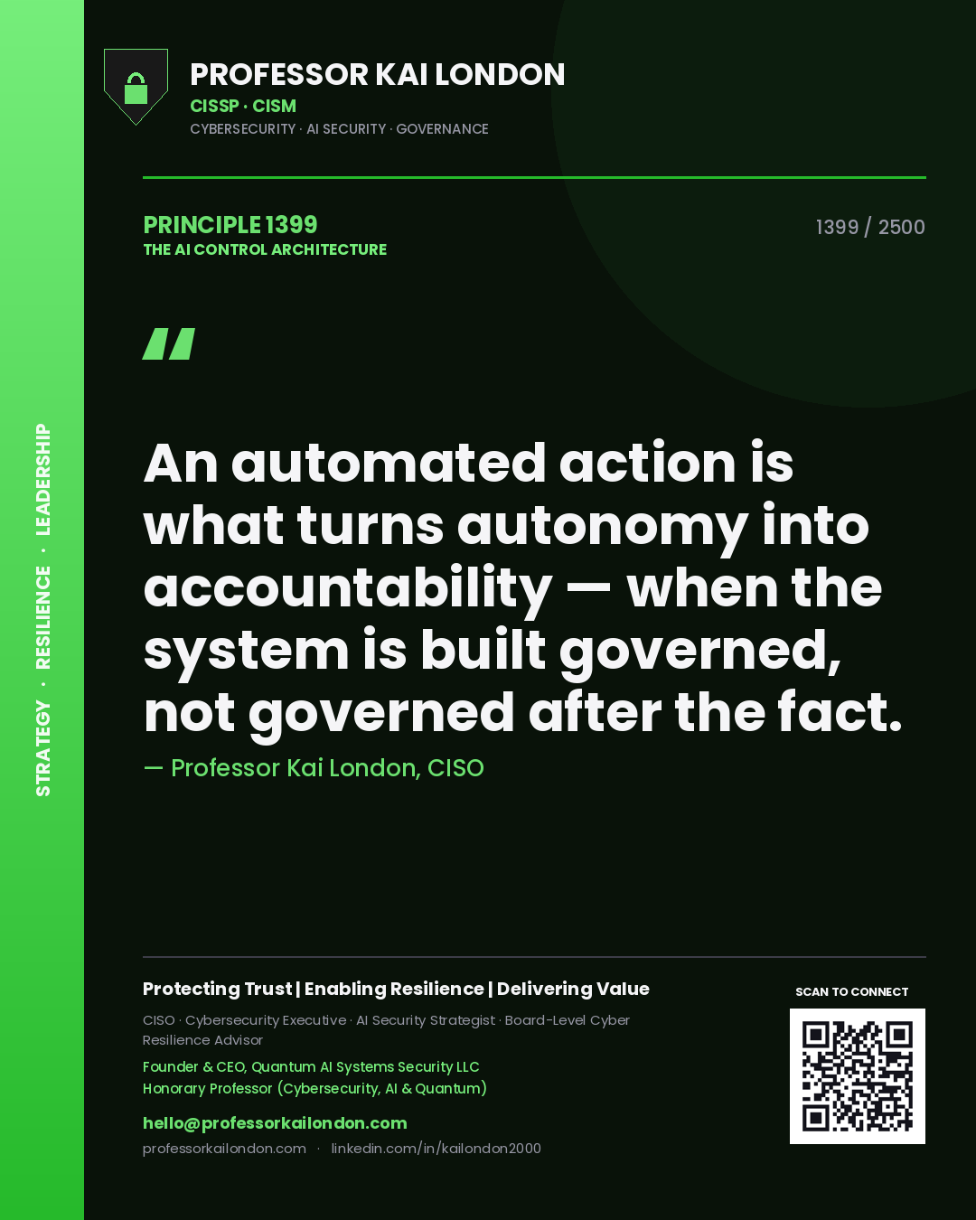Quote card by Professor Kai London reading 'An automated action is what turns autonomy into accountability — when the system is built governed, not governed after the fact.'. From the book The AI Control Architecture.