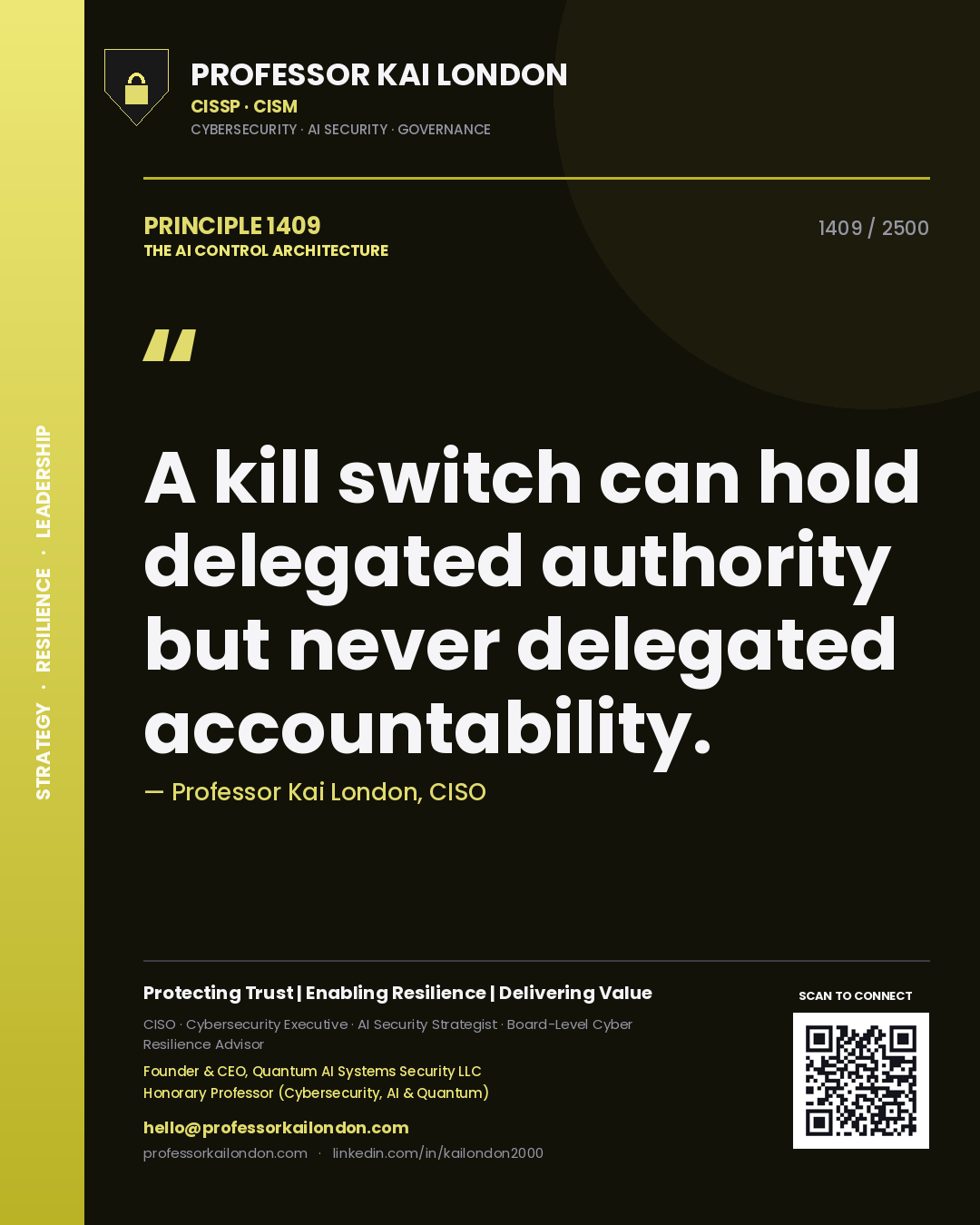 Quote card by Professor Kai London reading 'A kill switch can hold delegated authority but never delegated accountability.'. From the book The AI Control Architecture.
