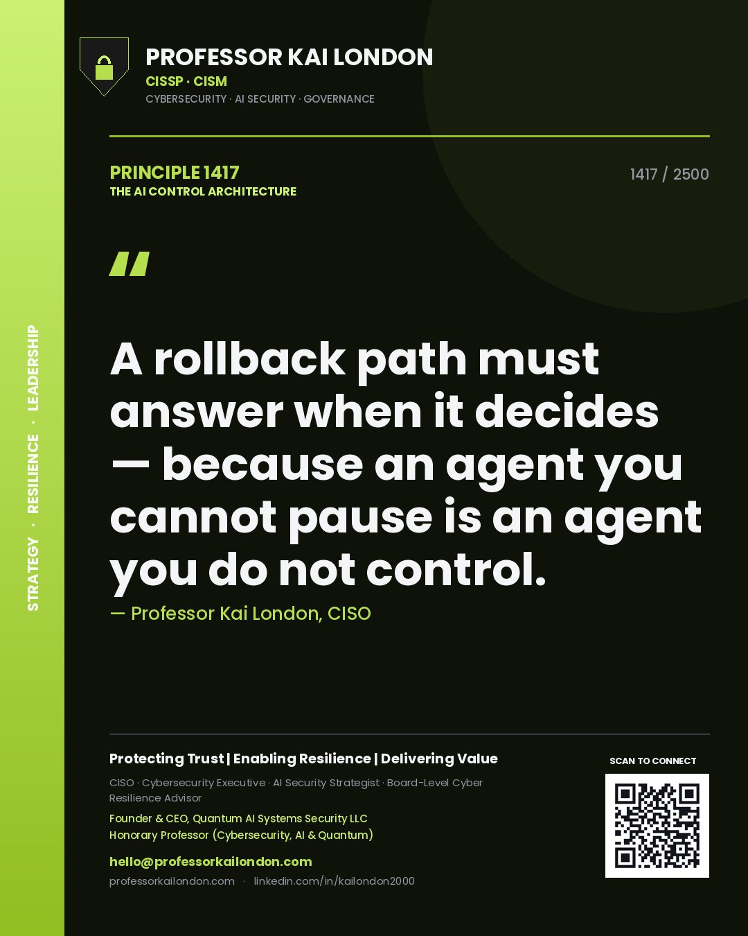 Quote card by Professor Kai London reading 'A rollback path must answer when it decides — because an agent you cannot pause is an agent you do not control.'. From the book The AI Control Architecture.