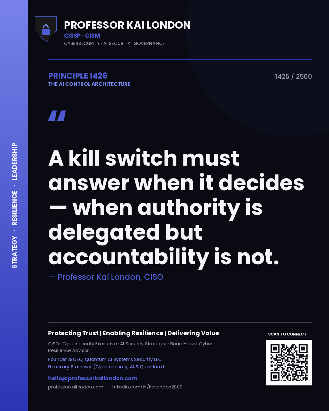 Quote card by Professor Kai London reading 'A kill switch must answer when it decides — when authority is delegated but accountability is not.'. From the book The AI Control Architecture.