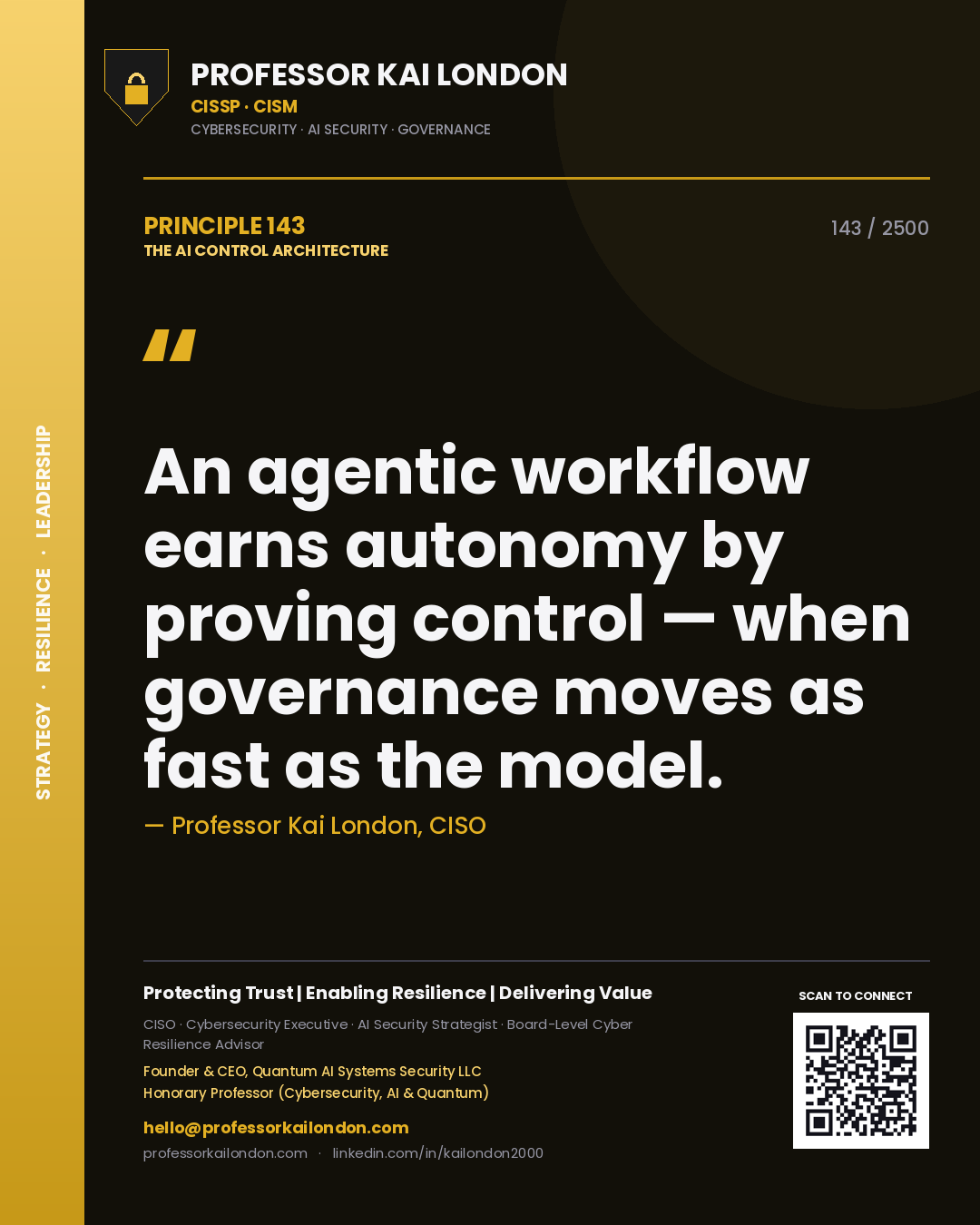 Quote card by Professor Kai London reading 'An agentic workflow earns autonomy by proving control — when governance moves as fast as the model.'. From the book The AI Control Architecture.
