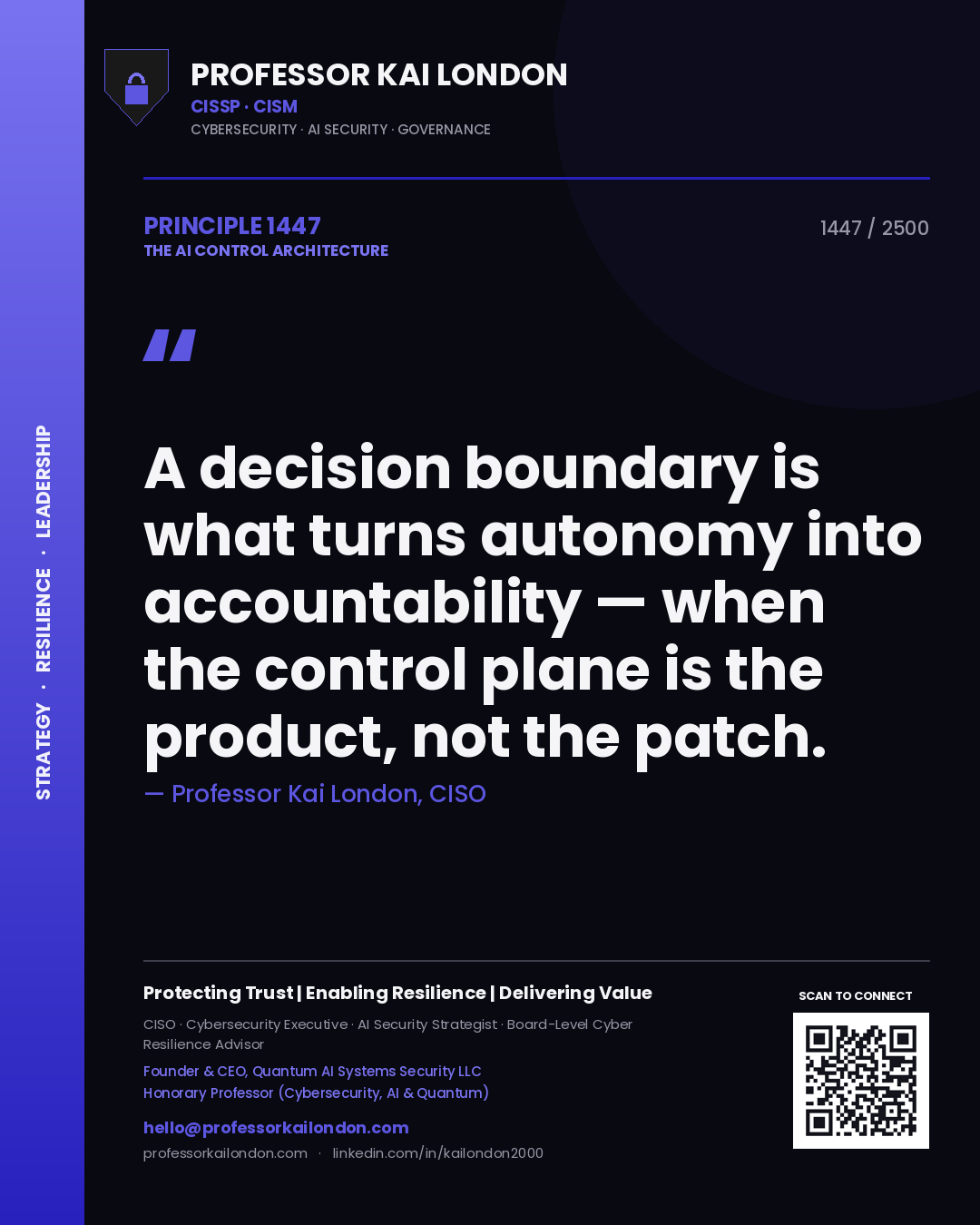 Quote card by Professor Kai London reading 'A decision boundary is what turns autonomy into accountability — when the control plane is the product, not the patch.'. From the book The AI Control Architecture.