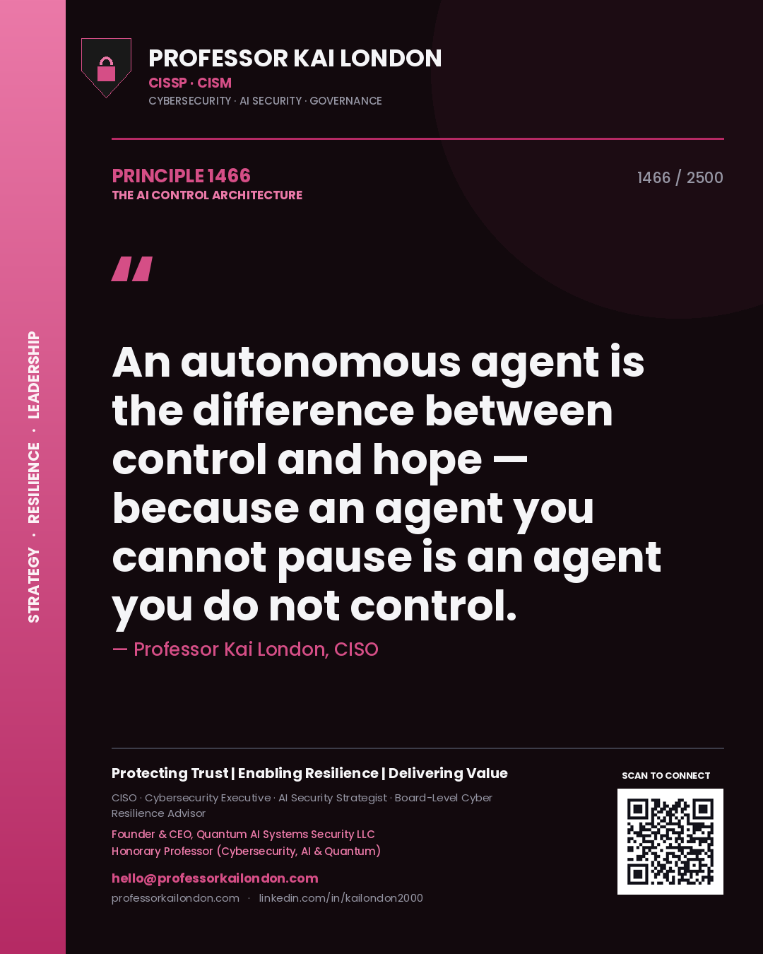 Quote card by Professor Kai London reading 'An autonomous agent is the difference between control and hope — because an agent you cannot pause is an agent you do not control.'. From the book The AI Control Architecture.