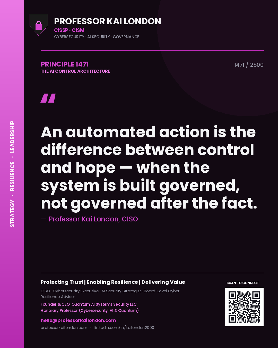 Quote card by Professor Kai London reading 'An automated action is the difference between control and hope — when the system is built governed, not governed after the fact.'. From the book The AI Control Architecture.