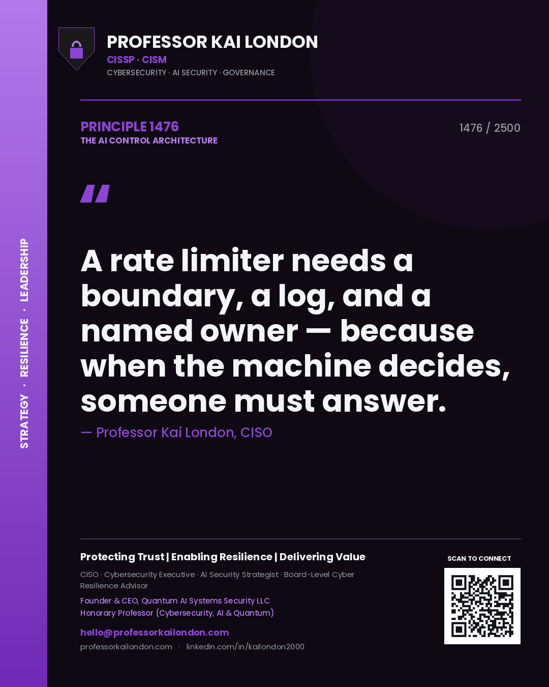 Professor Kai London principle 1476: A rate limiter needs a boundary, a log, and a named owner — because when the machine decides, someone must answer.