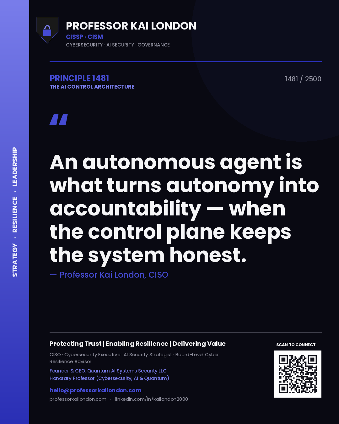 Quote card by Professor Kai London reading 'An autonomous agent is what turns autonomy into accountability — when the control plane keeps the system honest.'. From the book The AI Control Architecture.