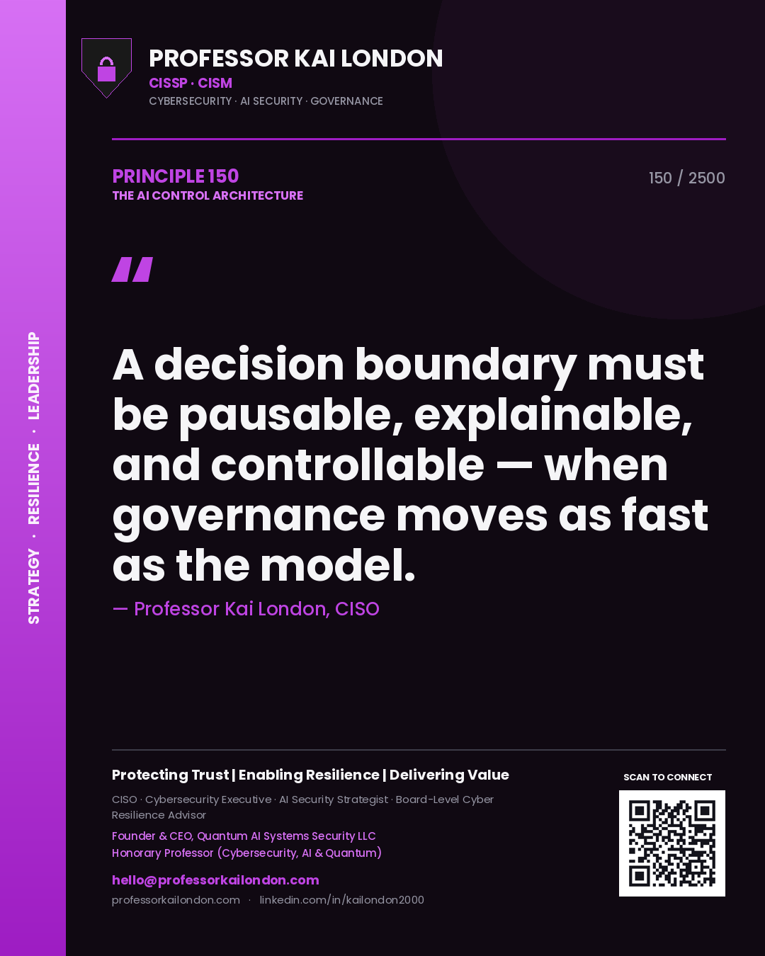 Quote card by Professor Kai London reading 'A decision boundary must be pausable, explainable, and controllable — when governance moves as fast as the model.'. From the book The AI Control Architecture.