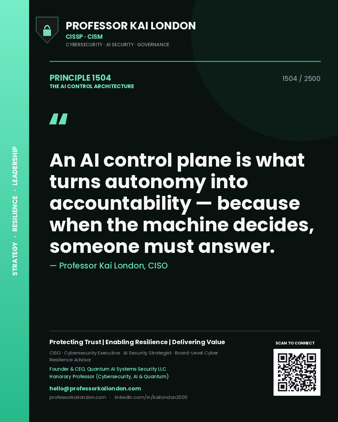 Quote card by Professor Kai London reading 'An AI control plane is what turns autonomy into accountability — because when the machine decides, someone must answer.'. From the book The AI Control Architecture.