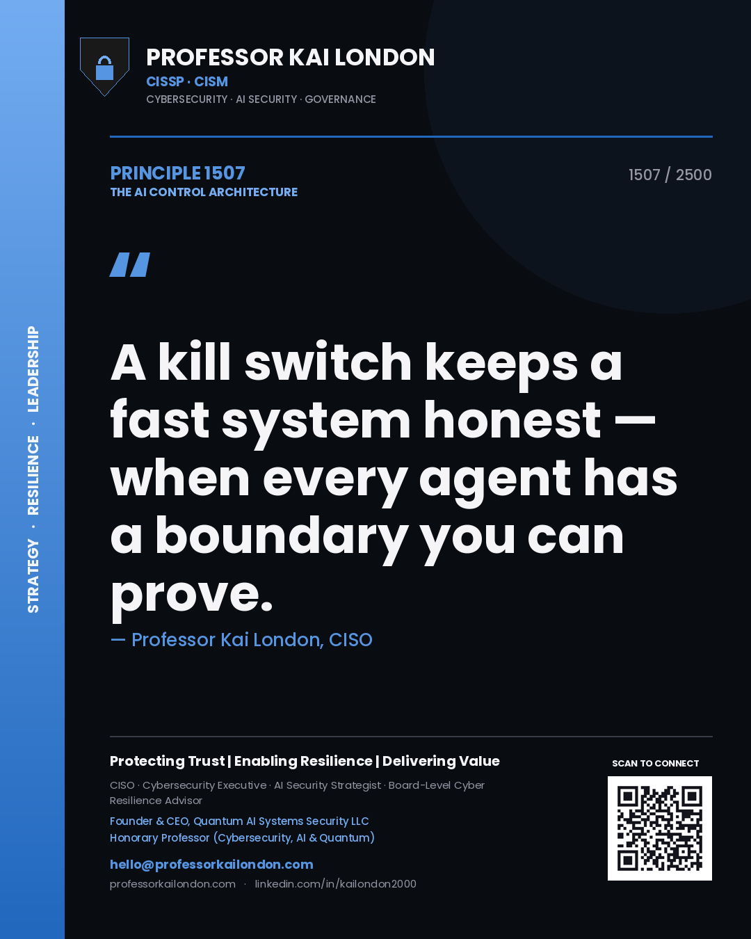Quote card by Professor Kai London reading 'A kill switch keeps a fast system honest — when every agent has a boundary you can prove.'. From the book The AI Control Architecture.