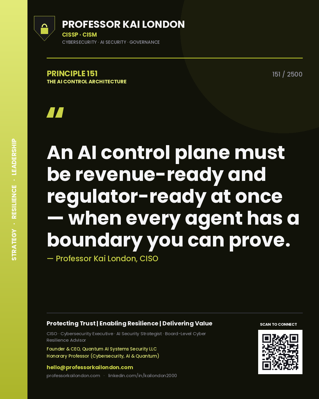Professor Kai London principle 151: An AI control plane must be revenue-ready and regulator-ready at once — when every agent has a boundary you can prove.
