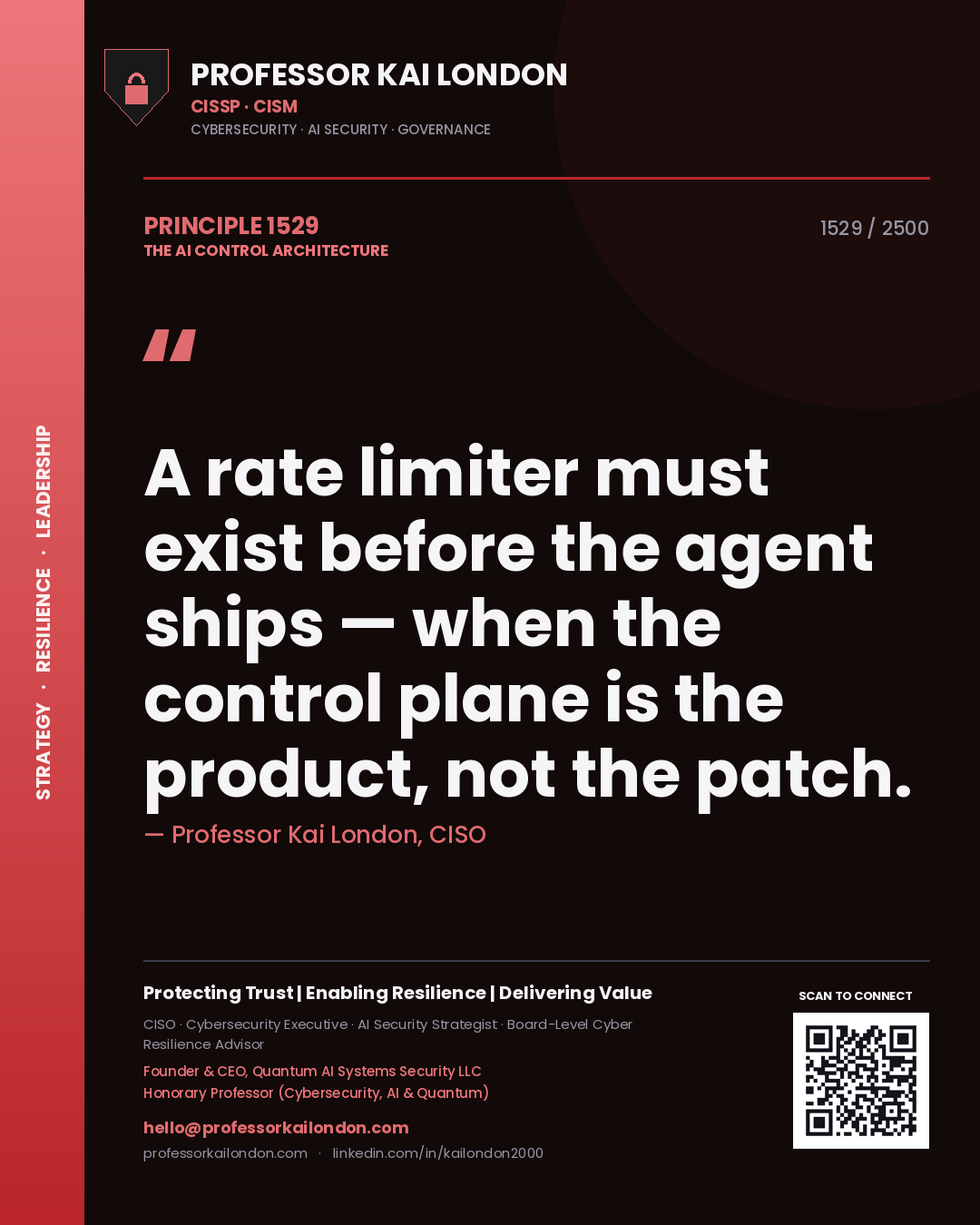 Quote card by Professor Kai London reading 'A rate limiter must exist before the agent ships — when the control plane is the product, not the patch.'. From the book The AI Control Architecture.