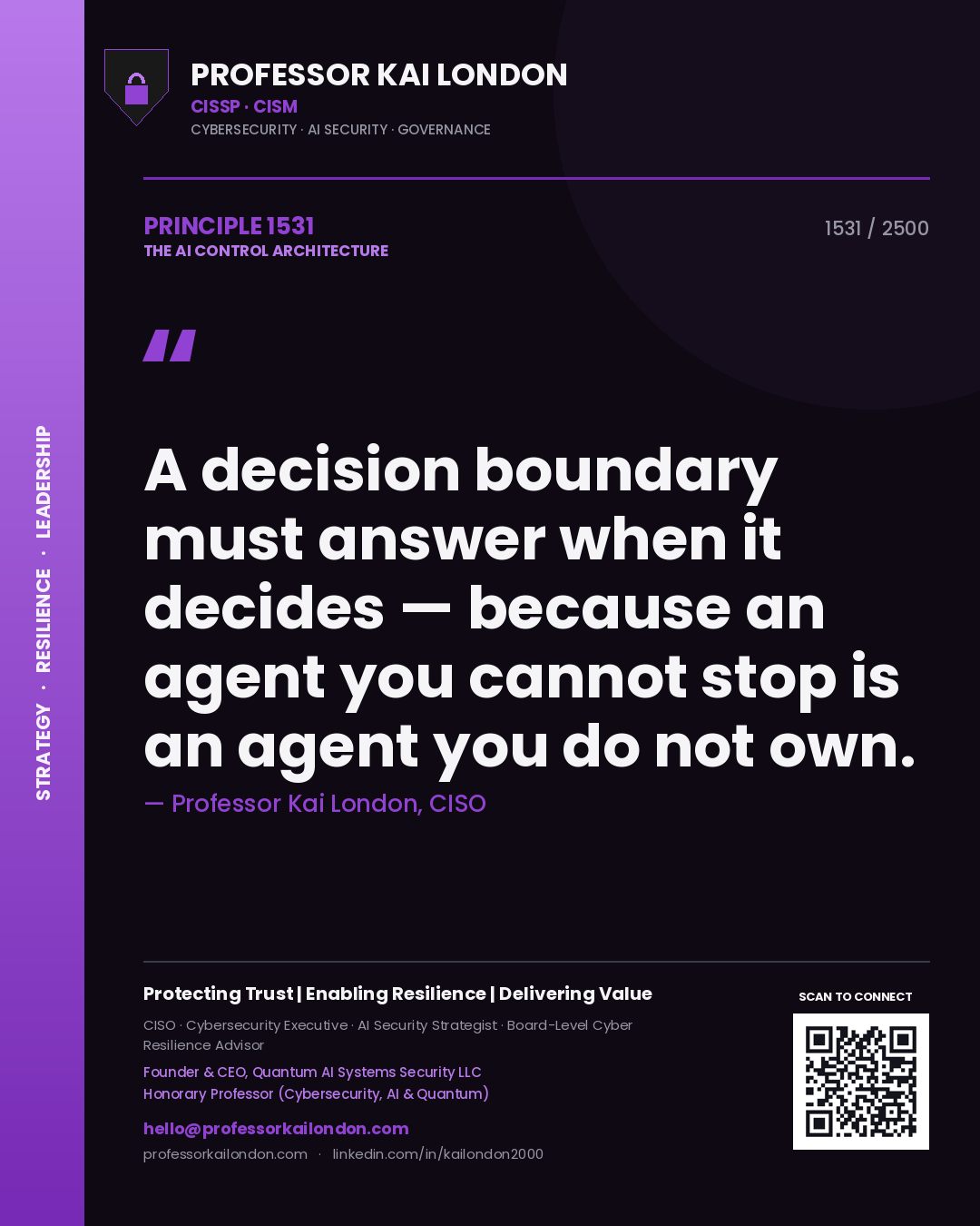 Quote card by Professor Kai London reading 'A decision boundary must answer when it decides — because an agent you cannot stop is an agent you do not own.'. From the book The AI Control Architecture.