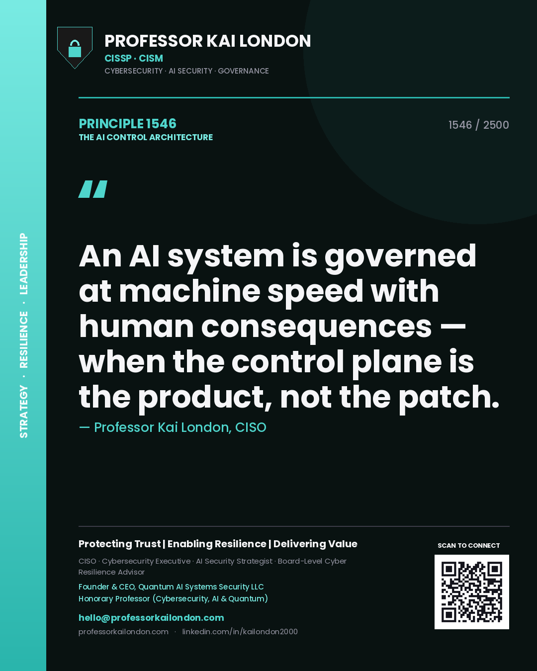 Quote card by Professor Kai London reading 'An AI system is governed at machine speed with human consequences — when the control plane is the product, not the patch.'. From the book The AI Control Architecture.