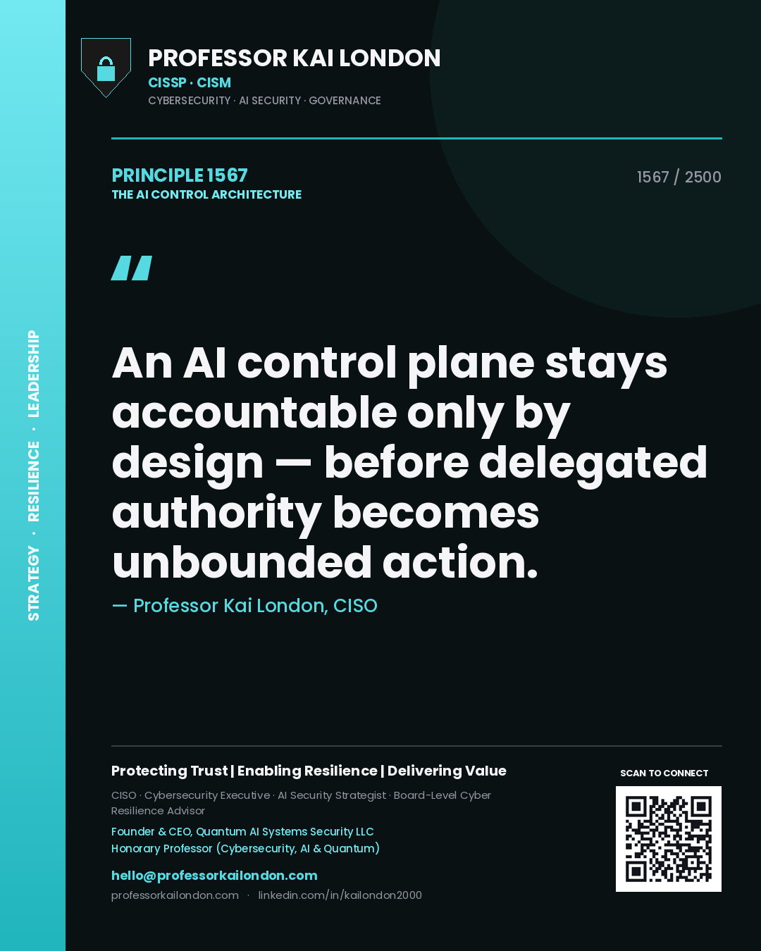 Quote card by Professor Kai London reading 'An AI control plane stays accountable only by design — before delegated authority becomes unbounded action.'. From the book The AI Control Architecture.