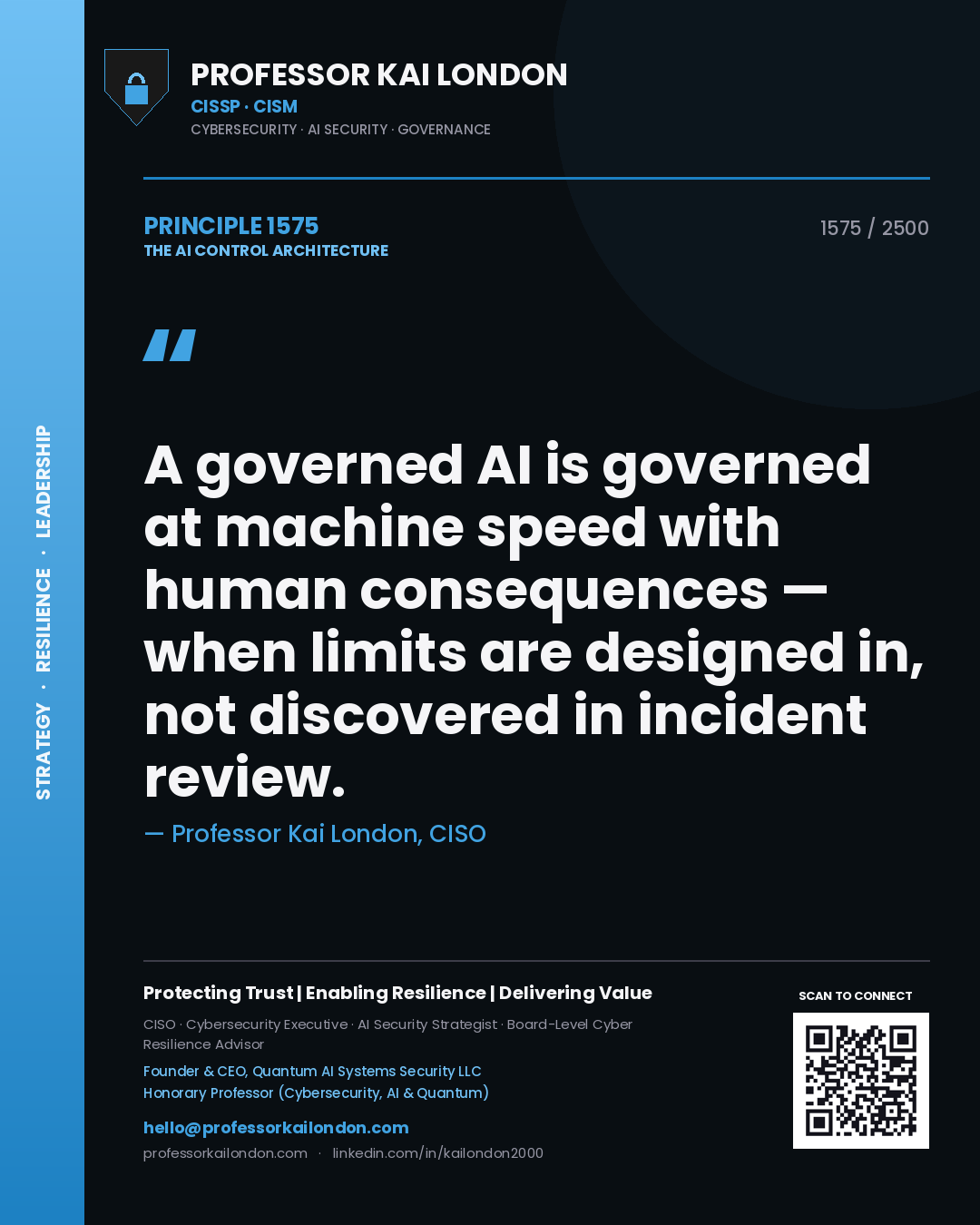Quote card by Professor Kai London reading 'A governed AI is governed at machine speed with human consequences — when limits are designed in, not discovered in incident review.'. From the book The AI Control Architecture.