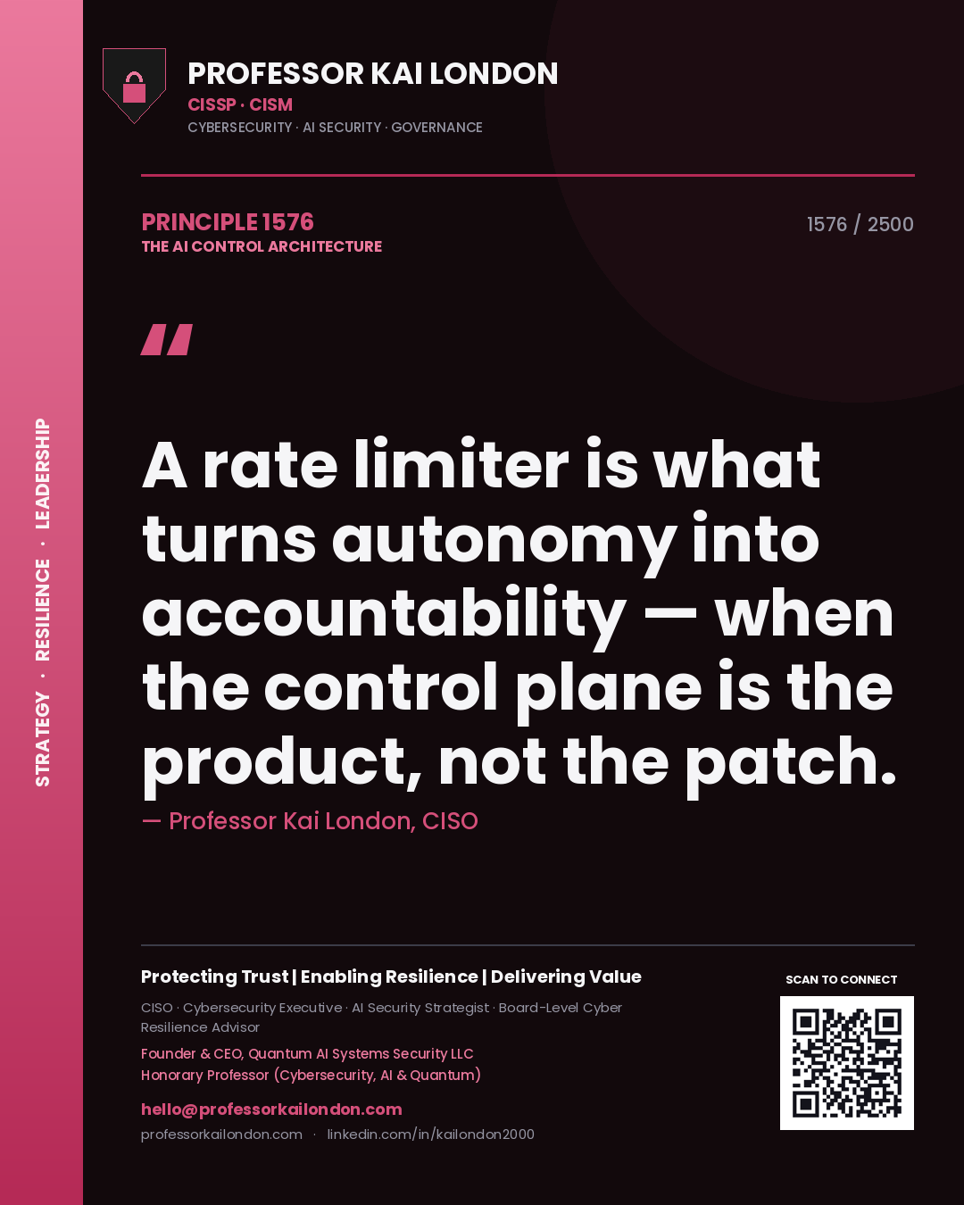 Quote card by Professor Kai London reading 'A rate limiter is what turns autonomy into accountability — when the control plane is the product, not the patch.'. From the book The AI Control Architecture.