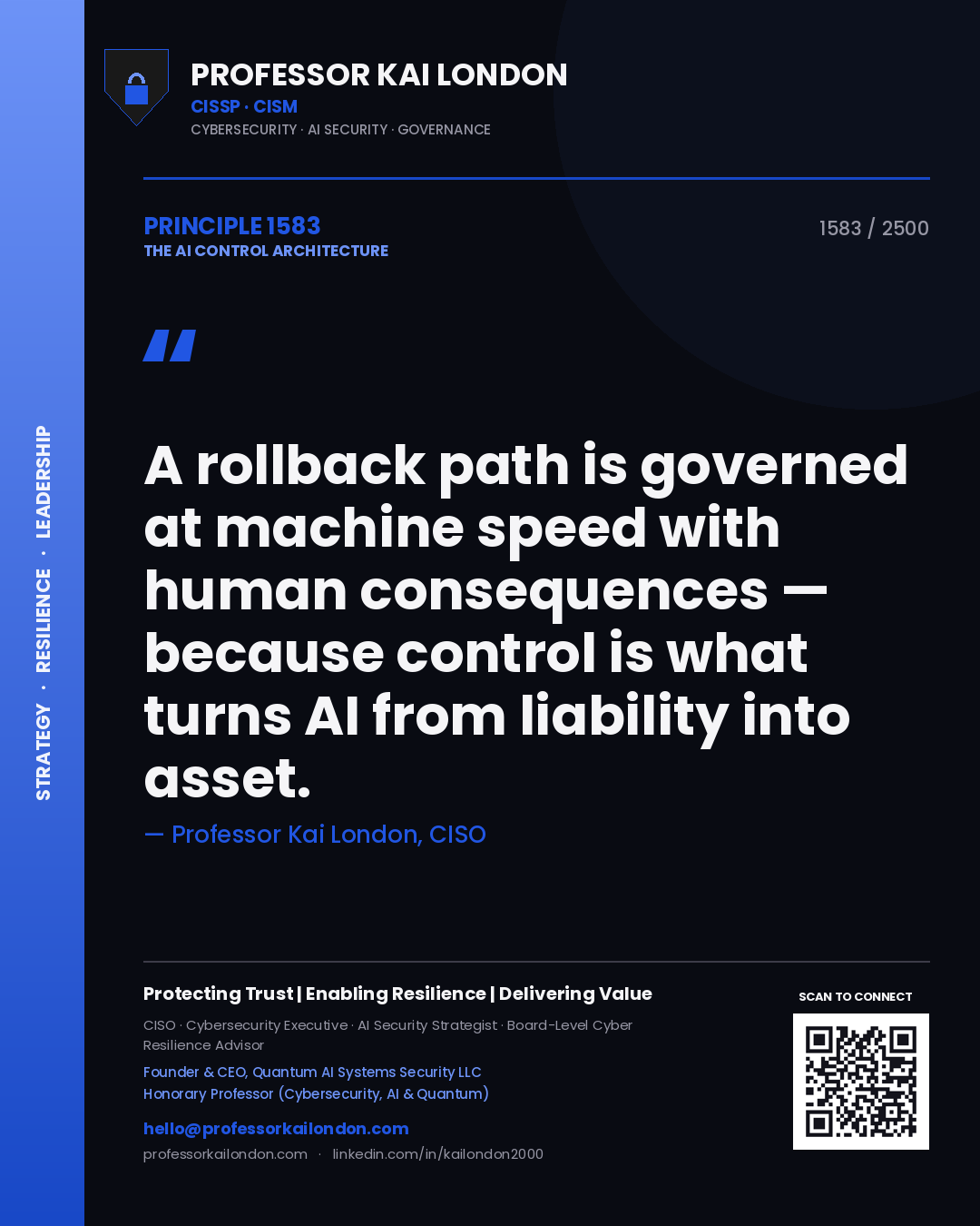 Quote card by Professor Kai London reading 'A rollback path is governed at machine speed with human consequences — because control is what turns AI from liability into asset.'. From the book The AI Control Architecture.