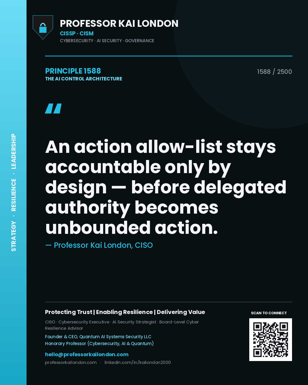 Quote card by Professor Kai London reading 'An action allow-list stays accountable only by design — before delegated authority becomes unbounded action.'. From the book The AI Control Architecture.