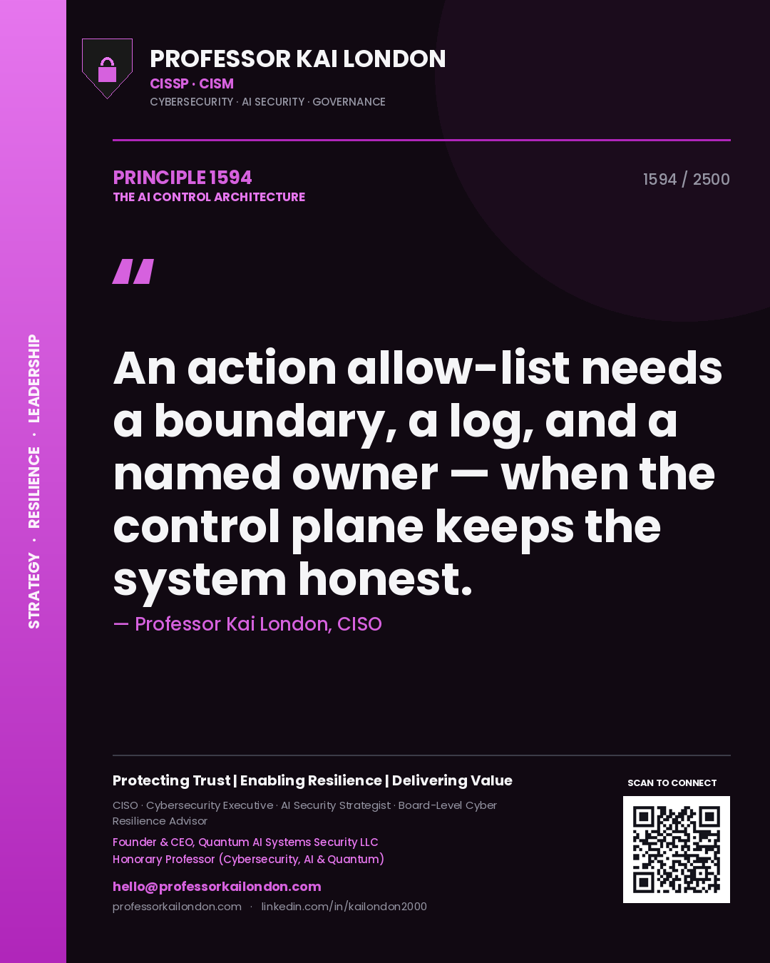 Quote card by Professor Kai London reading 'An action allow-list needs a boundary, a log, and a named owner — when the control plane keeps the system honest.'. From the book The AI Control Architecture.
