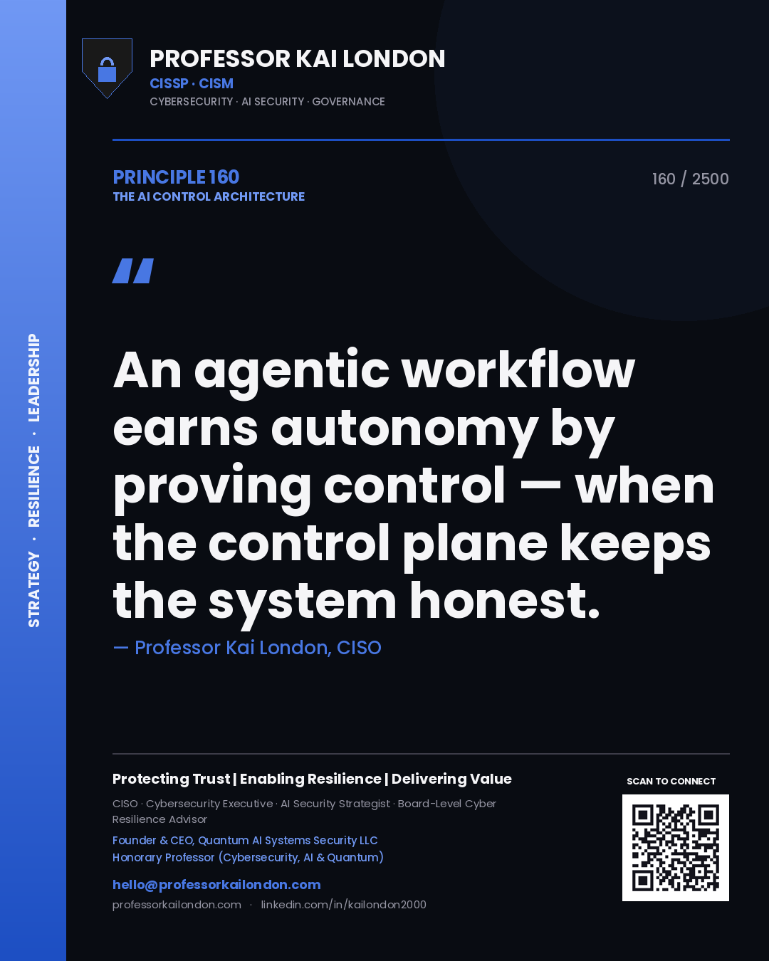 Quote card by Professor Kai London reading 'An agentic workflow earns autonomy by proving control — when the control plane keeps the system honest.'. From the book The AI Control Architecture.