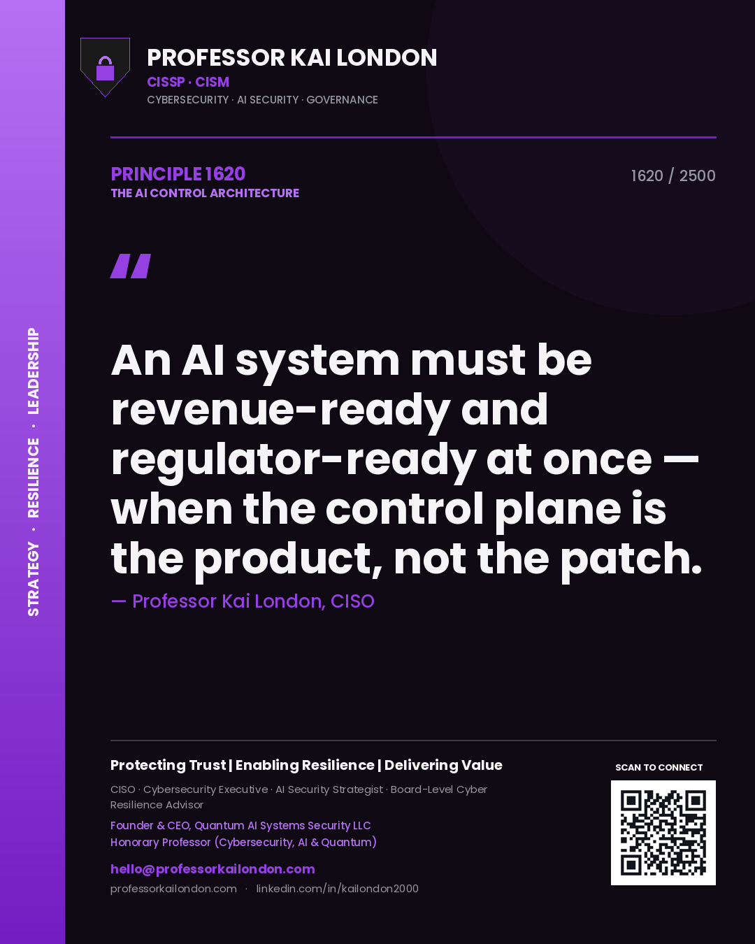 Quote card by Professor Kai London reading 'An AI system must be revenue-ready and regulator-ready at once — when the control plane is the product, not the patch.'. From the book The AI Control Architecture.