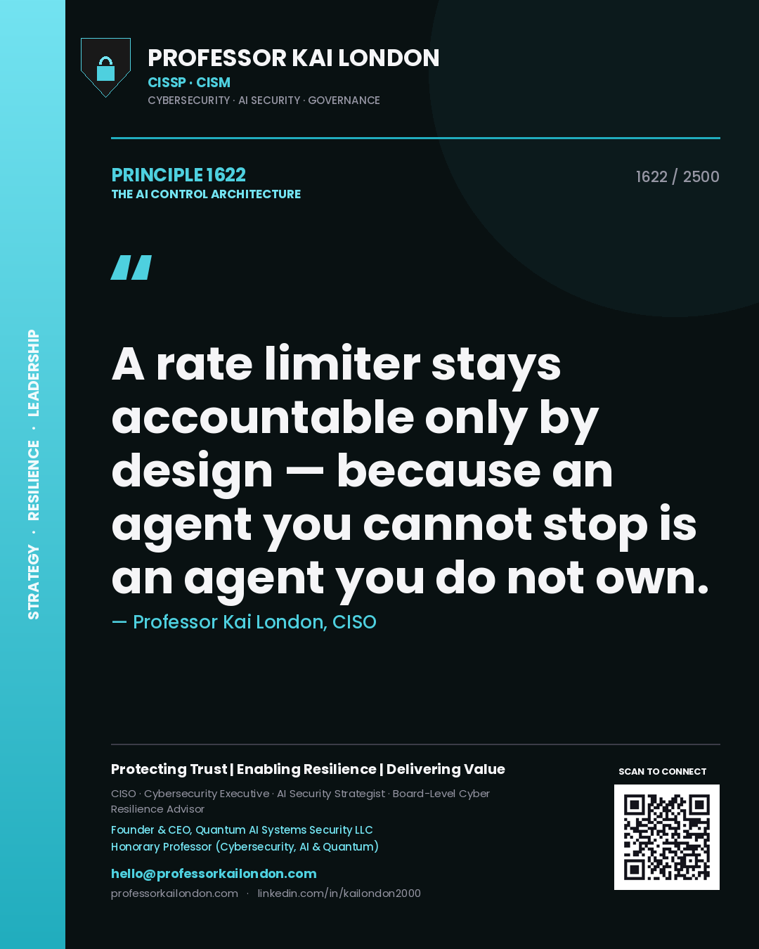 Quote card by Professor Kai London reading 'A rate limiter stays accountable only by design — because an agent you cannot stop is an agent you do not own.'. From the book The AI Control Architecture.